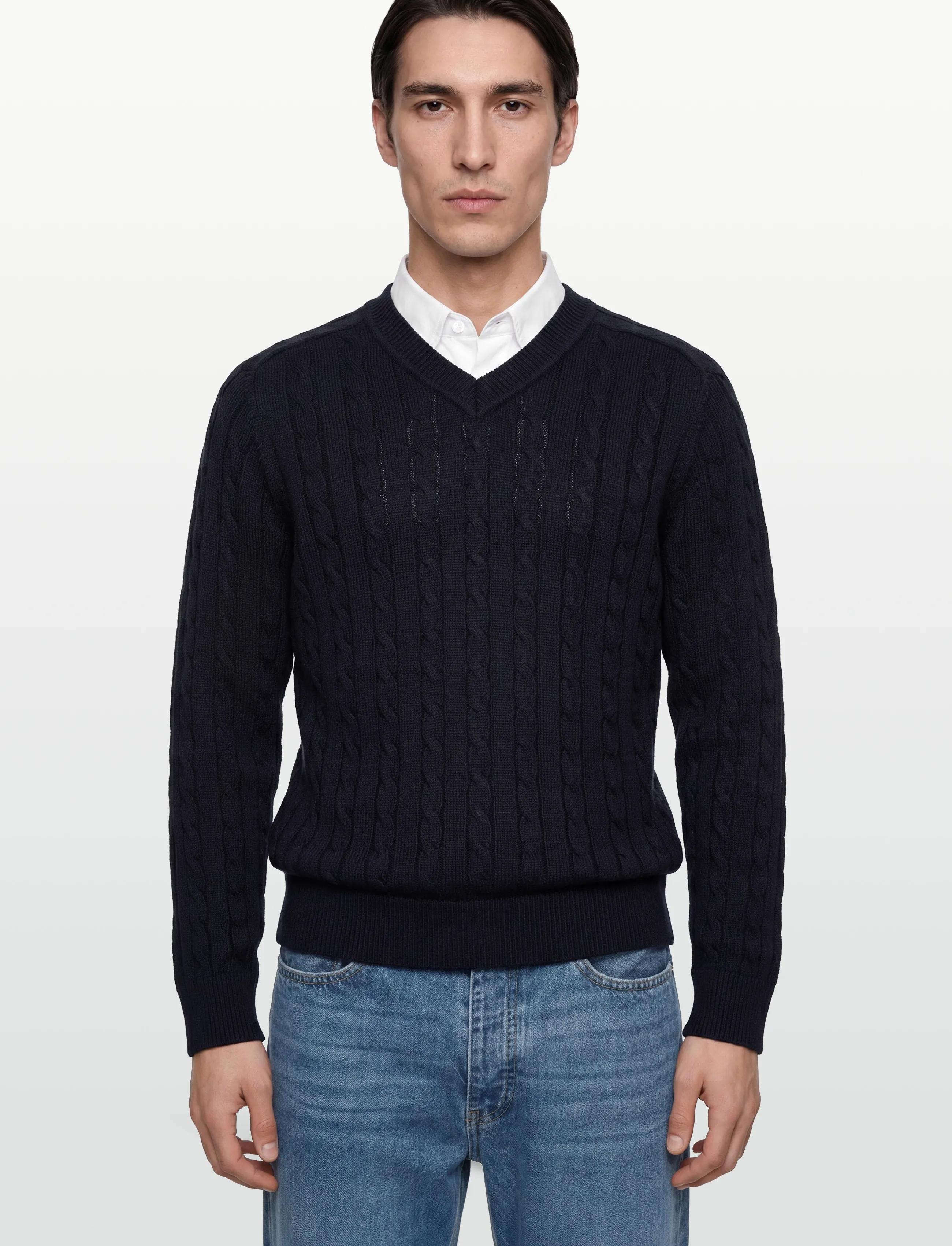Filippa K - Braided Cotton V-Neck Sweater - knitted v-necks - navy - 3