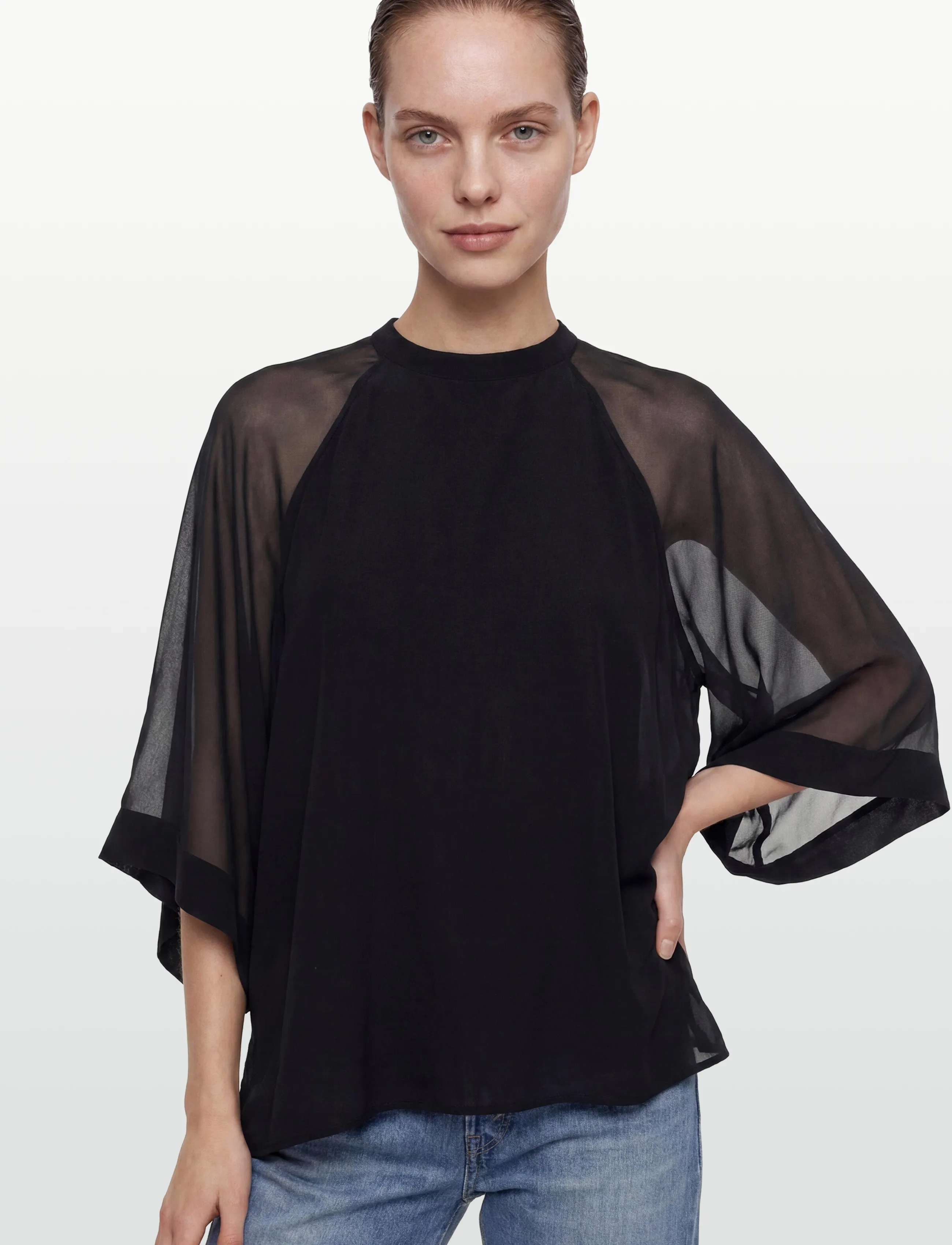 Filippa K - Sheer Raglan Blouse - long sleeved blouses - black - 3