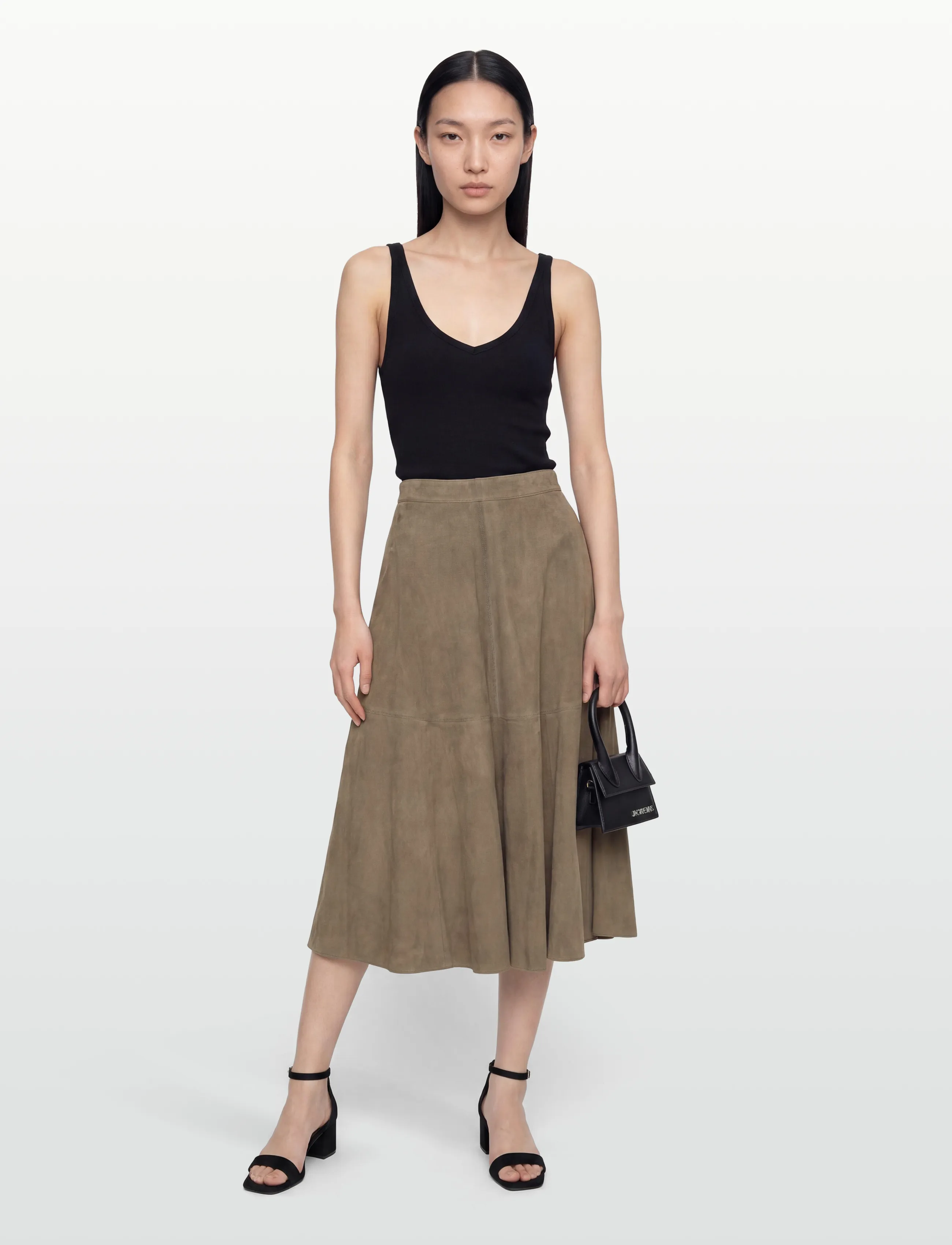 Filippa K Suede Flared Skirt - Midi skirts - OLIVE GREEN / khaki/green