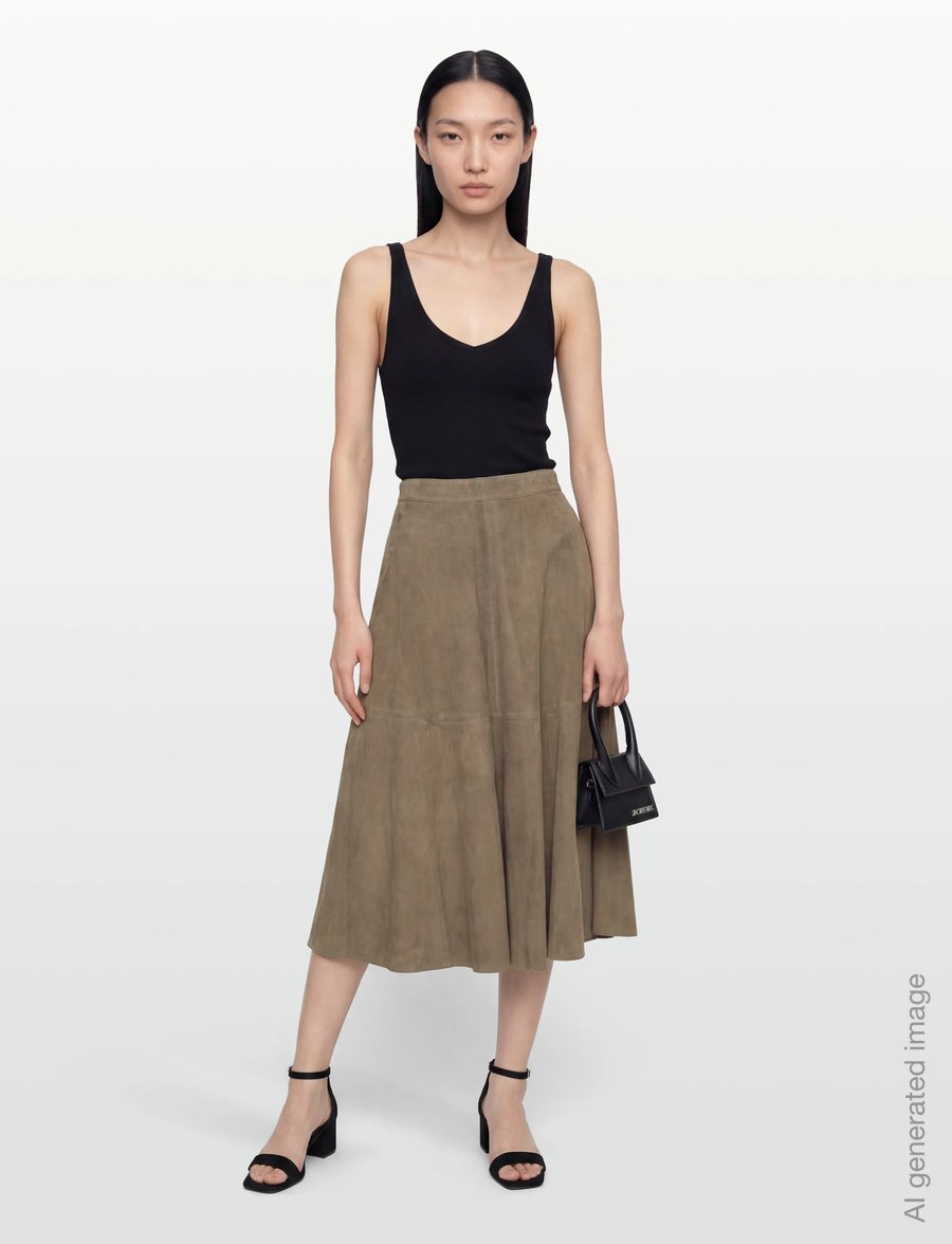 Filippa K - Suede Flared Skirt - midi - olive green - 0
