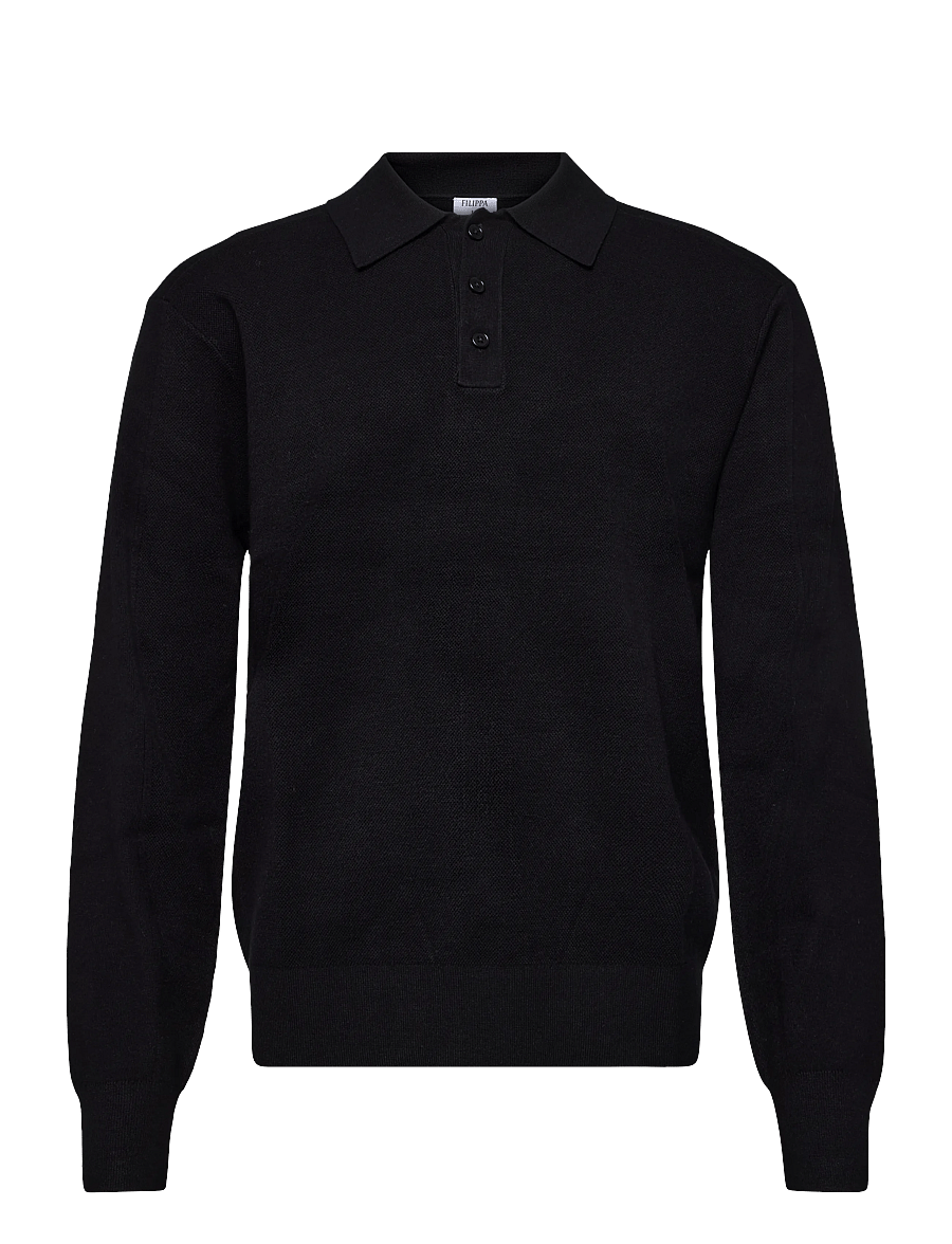 Filippa K - Textured Knit Polo Shirt - pikkade varrukatega kootud polod - black - 0