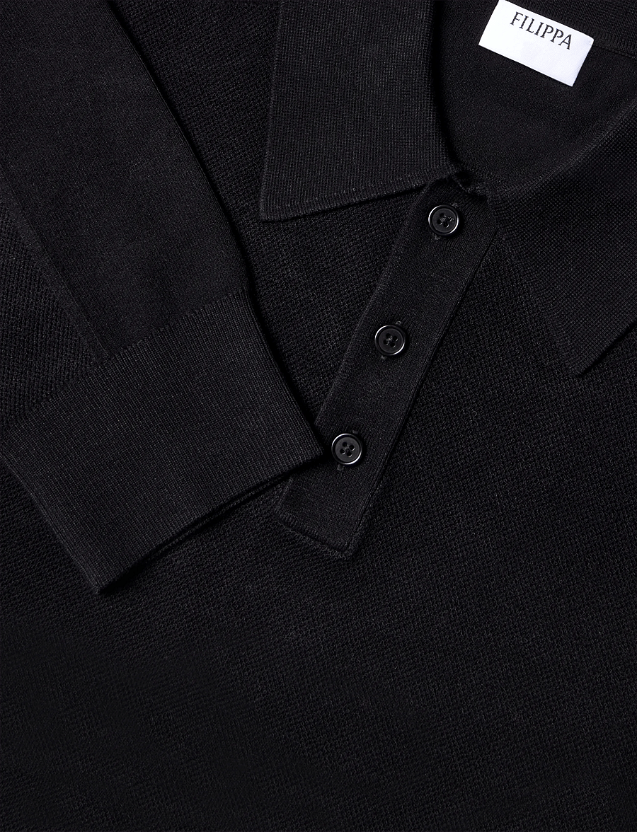 Filippa K - Textured Knit Polo Shirt - pikkade varrukatega kootud polod - black - 2