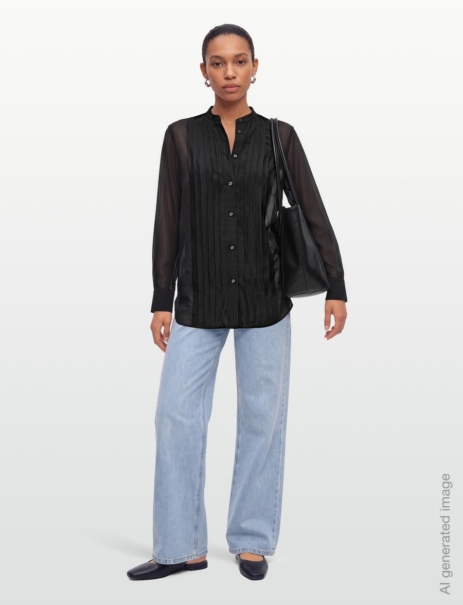 Filippa K - Pleated Stand Collar Shirt - langärmlige hemden - black - 0