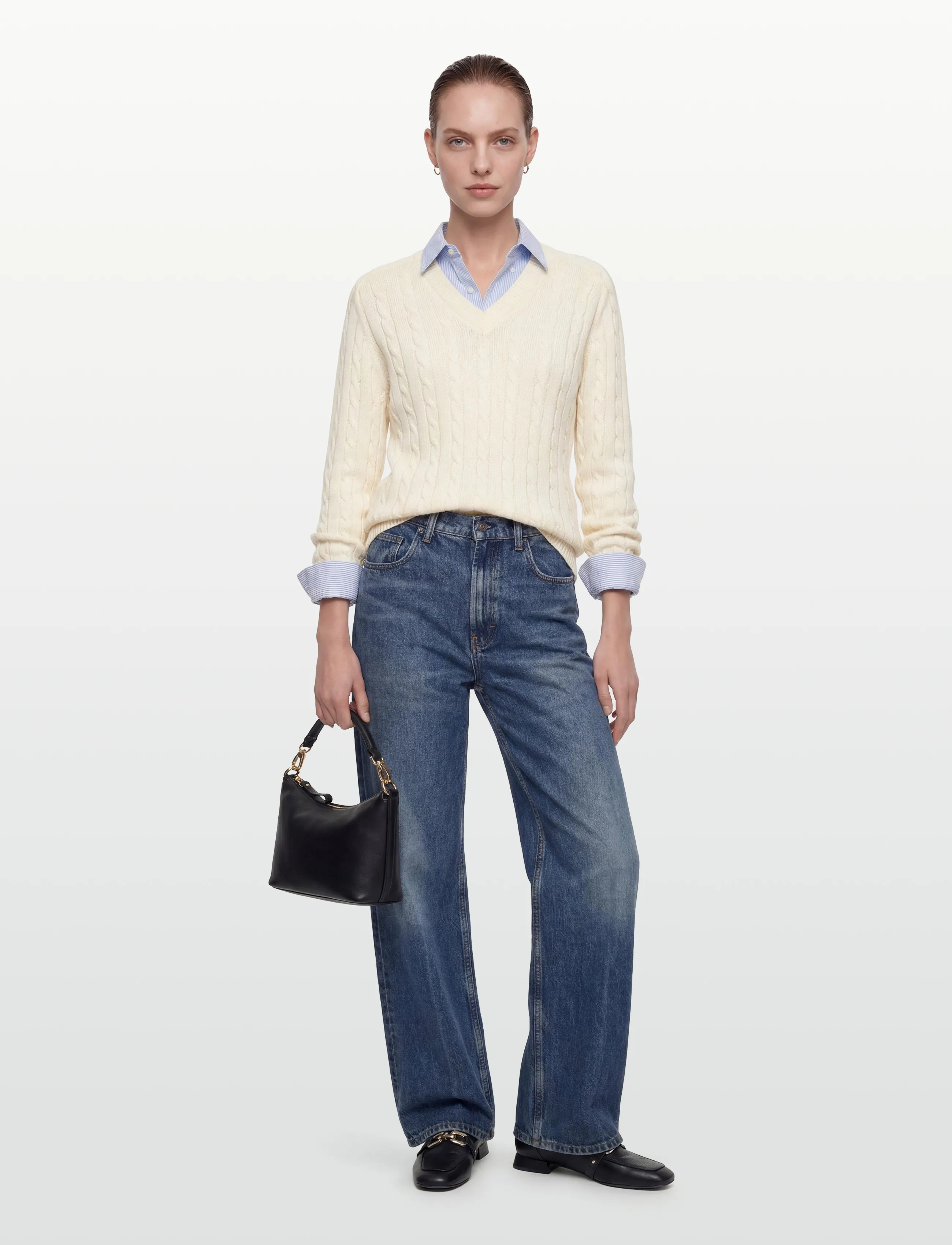 Filippa K - Braided Cotton V-Neck Sweater - trøjer - calico white - 0