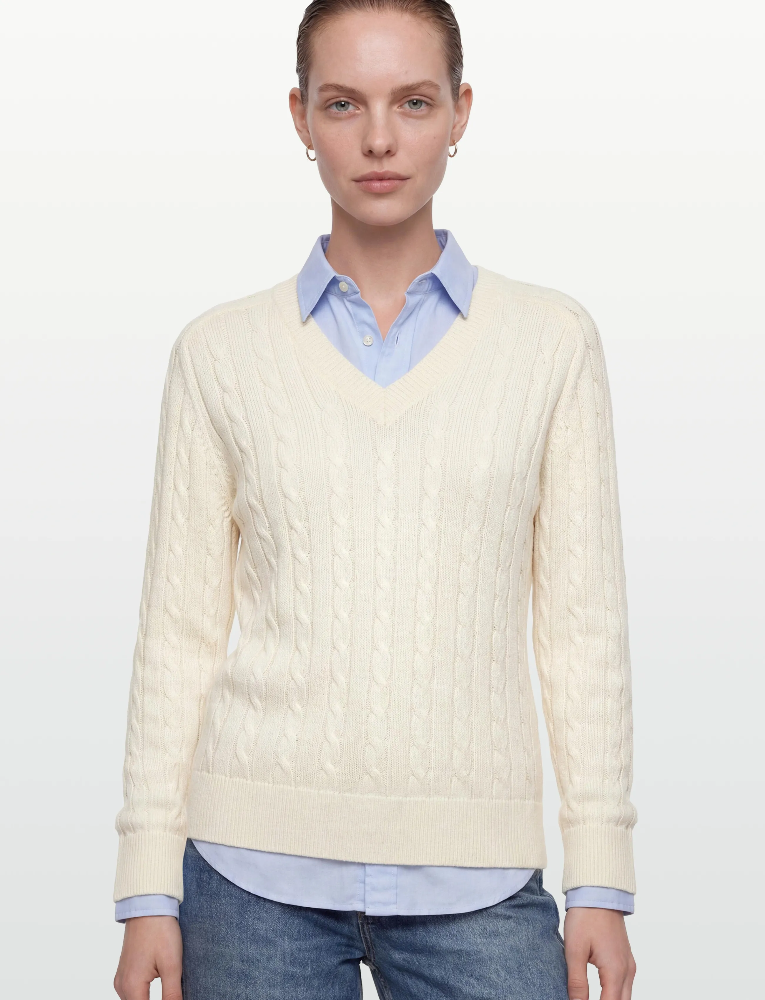 Filippa K - Braided Cotton V-Neck Sweater - trøjer - calico white - 3