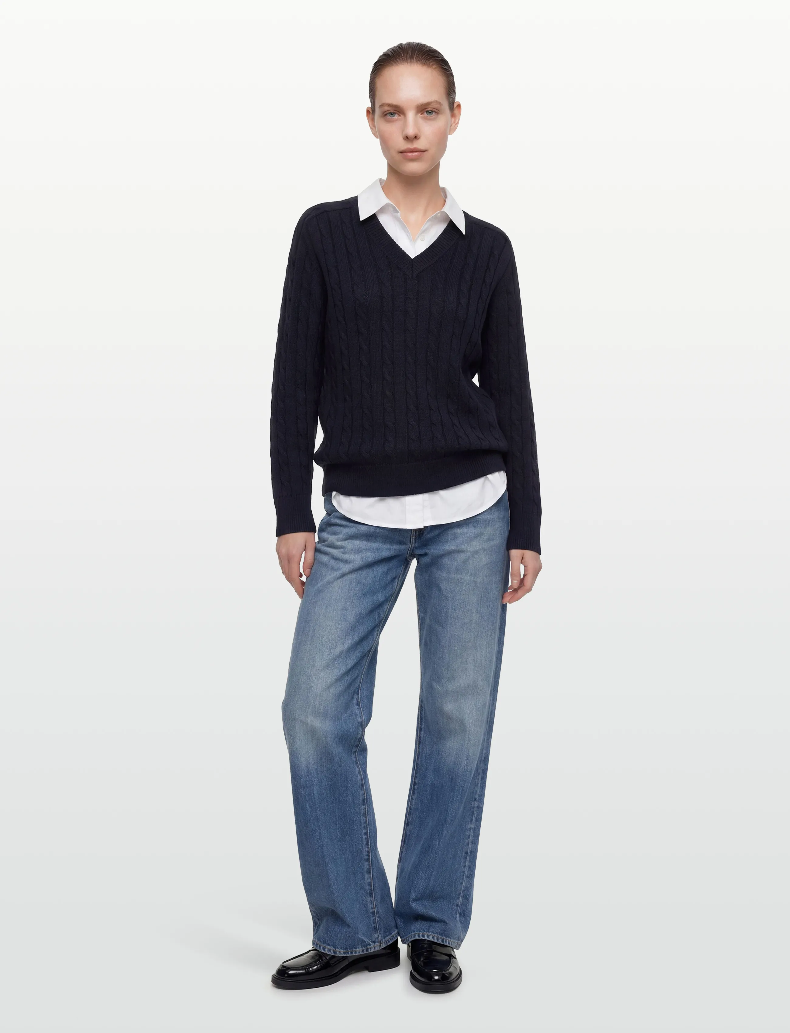 Filippa K - Braided Cotton V-Neck Sweater - pullover - navy - 0