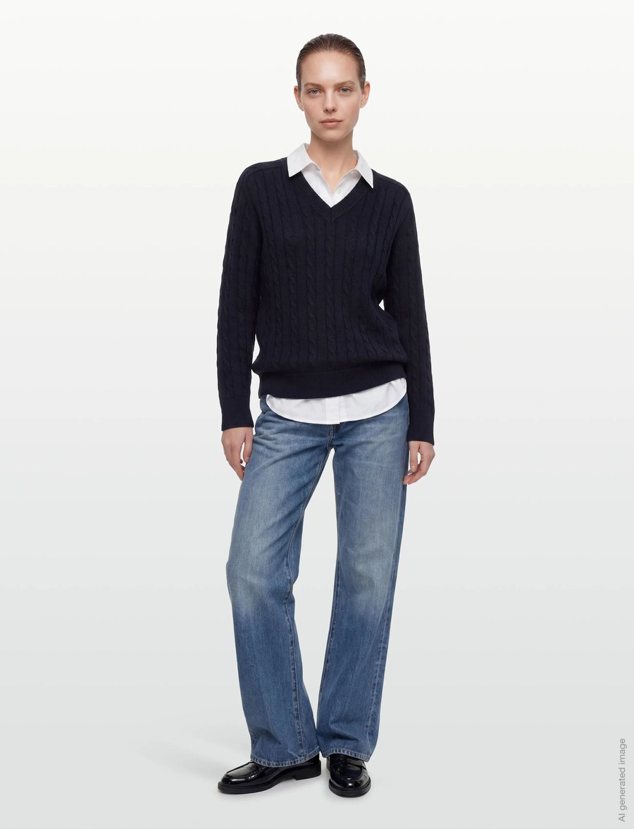 Filippa K - Braided Cotton V-Neck Sweater - pullover - navy - 0