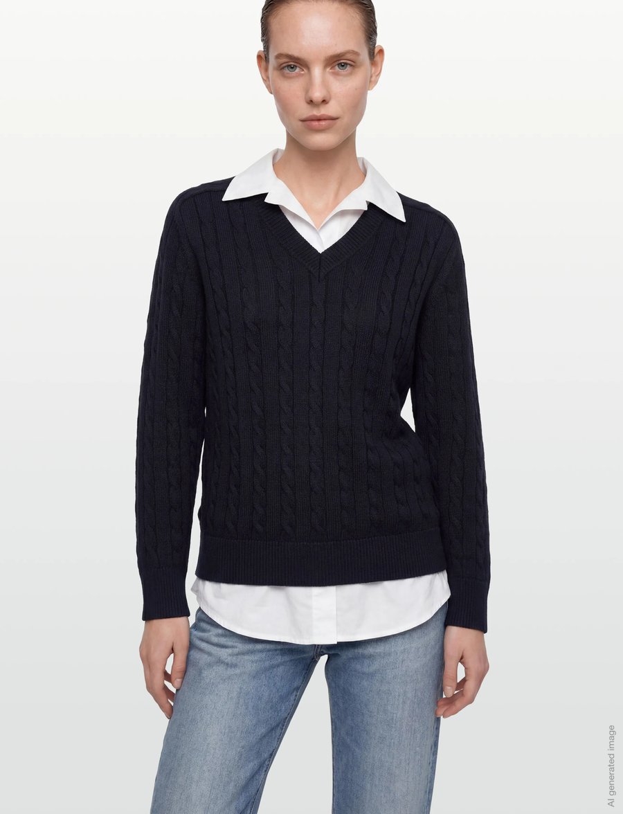 Filippa K - Braided Cotton V-Neck Sweater - pullover - navy - 3
