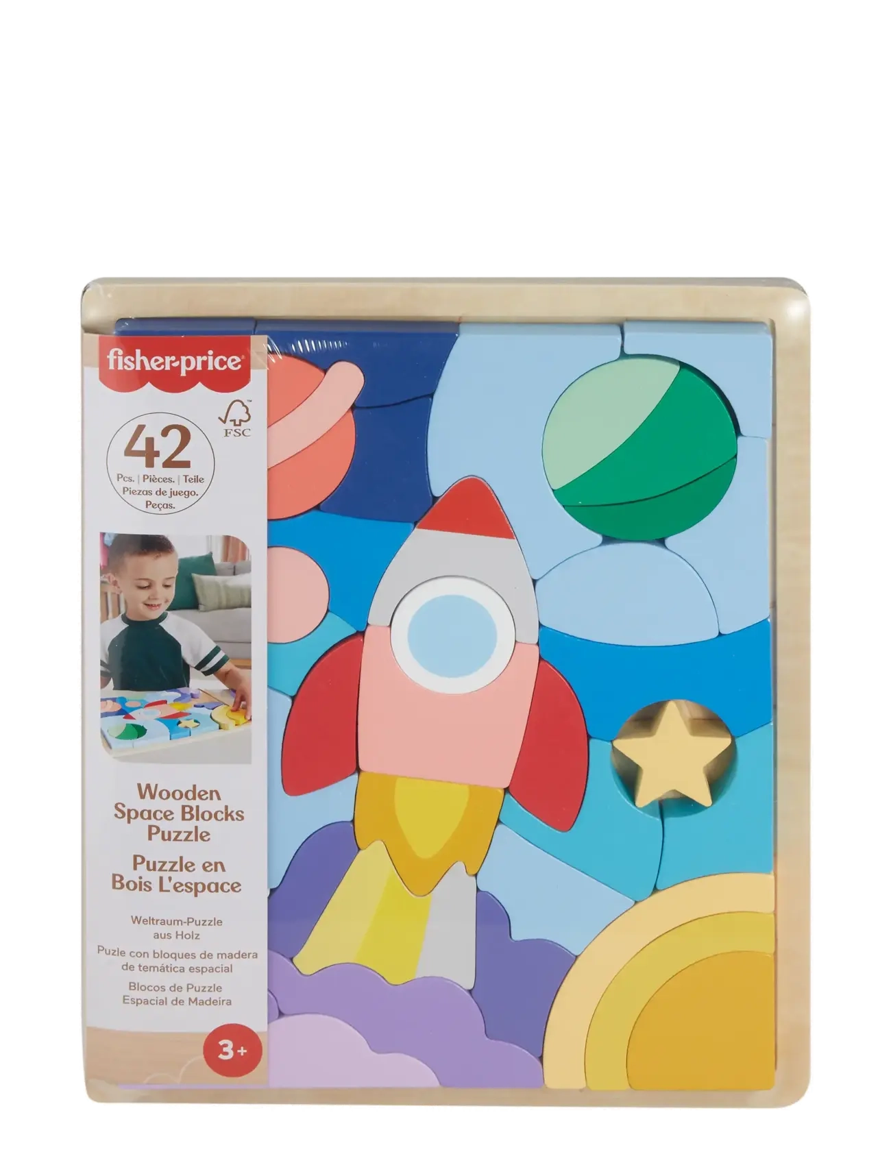 Fisher-Price - Wooden Space Blocks Puzzle for Preschool Kids, 42 Wood Pieces - träpussel - multicolor - 1
