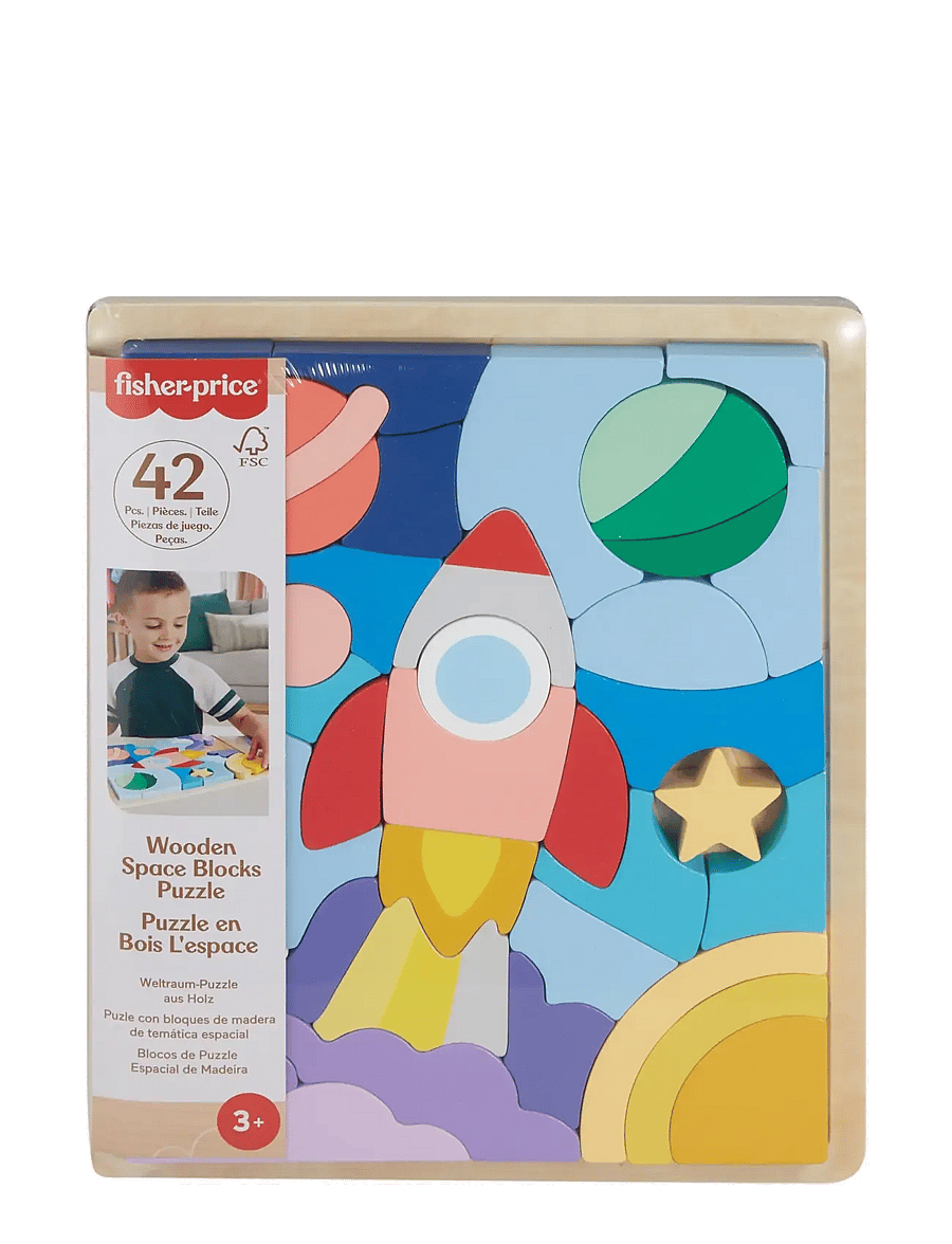Fisher-Price - Wooden Space Blocks Puzzle for Preschool Kids, 42 Wood Pieces - holzpuzzle - multicolor - 1