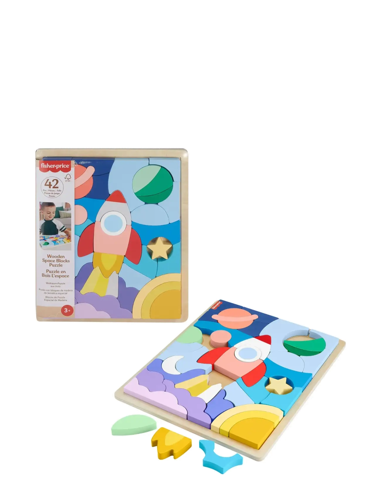 Fisher-Price - Wooden Space Blocks Puzzle for Preschool Kids, 42 Wood Pieces - träpussel - multicolor - 5