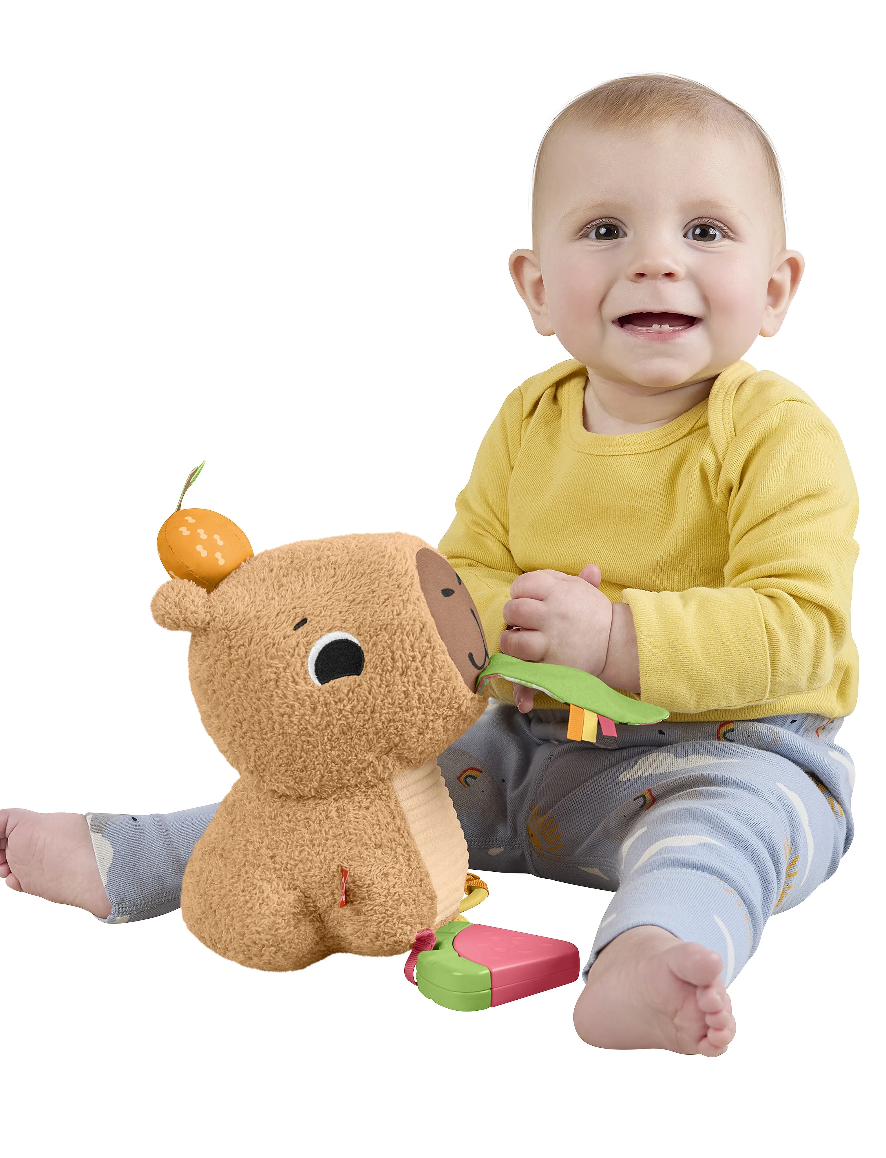 Fisher-Price - Snuggly Snacky Capybara Plush Baby Sensory Toy with Teether & Rattle for Newborns - mjúk leikföng & fígúrur - multi color - 0