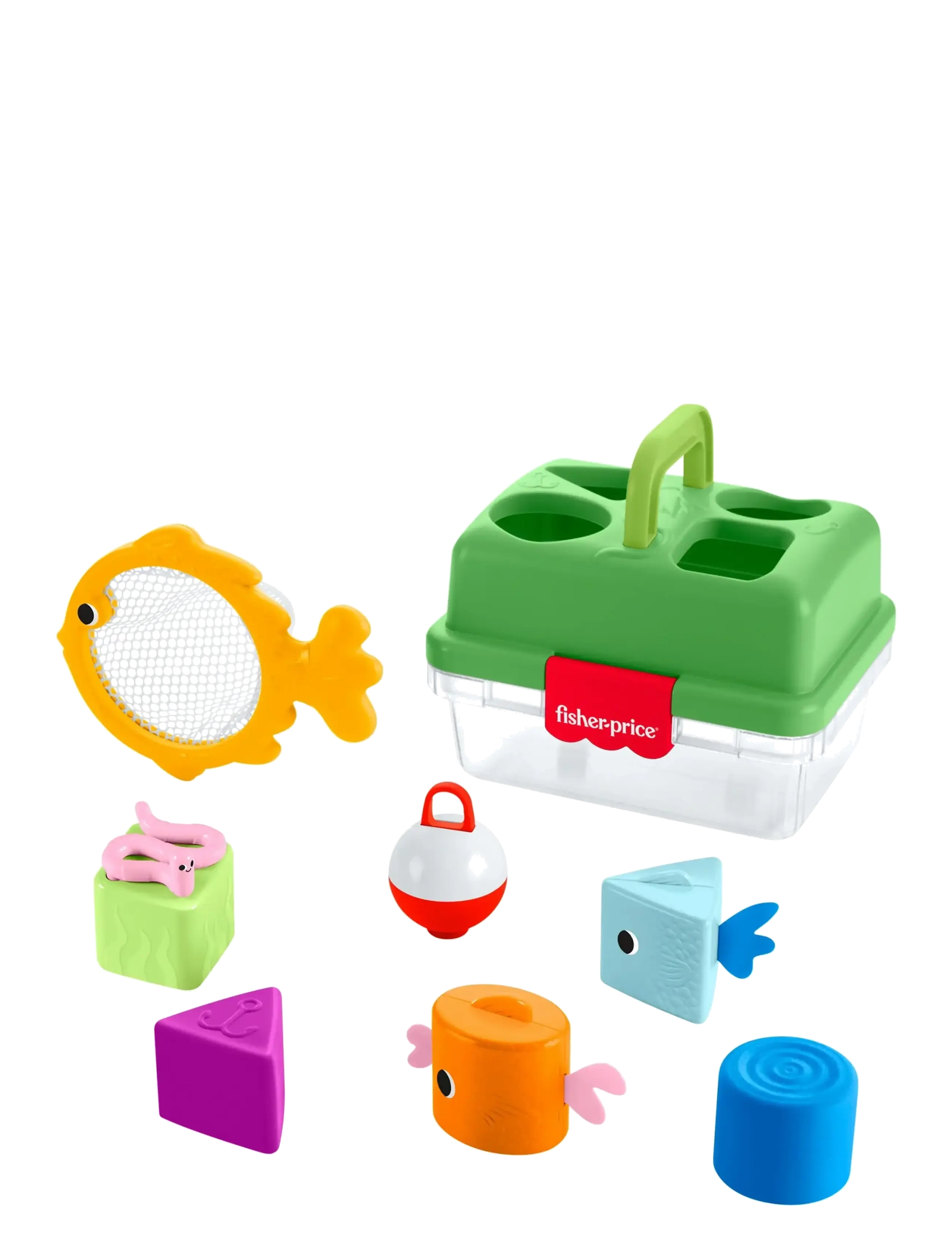 Fisher-Price Friendship Forest Sort & Store Tackle Box Baby Toy With 6 Shape Blocks Fishing Net, One Size, Educational Spielzeug, Mehrfarbig/gemustert
