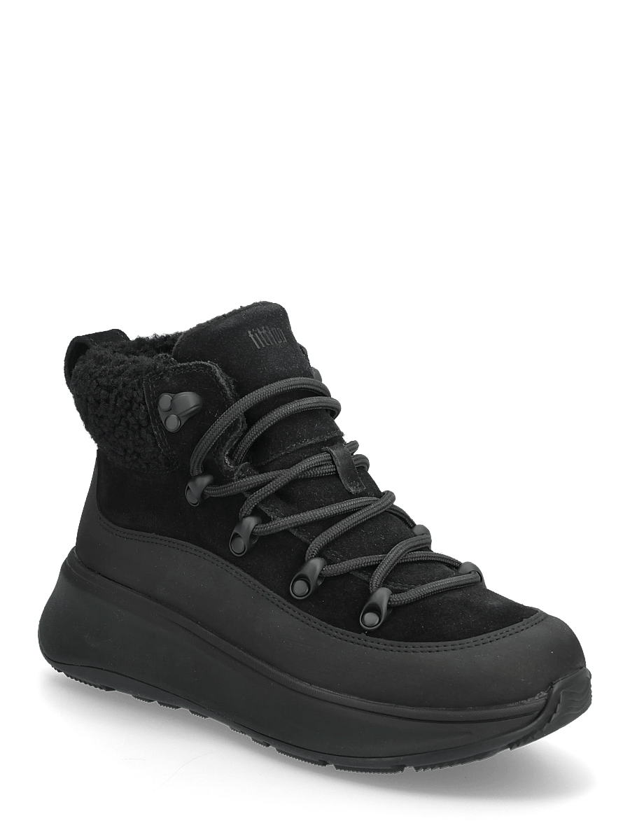 FitFlop - F-MODE TEDDY-COLLAR WARM SUEDE LACE-UP BOOTIES - all black - 0