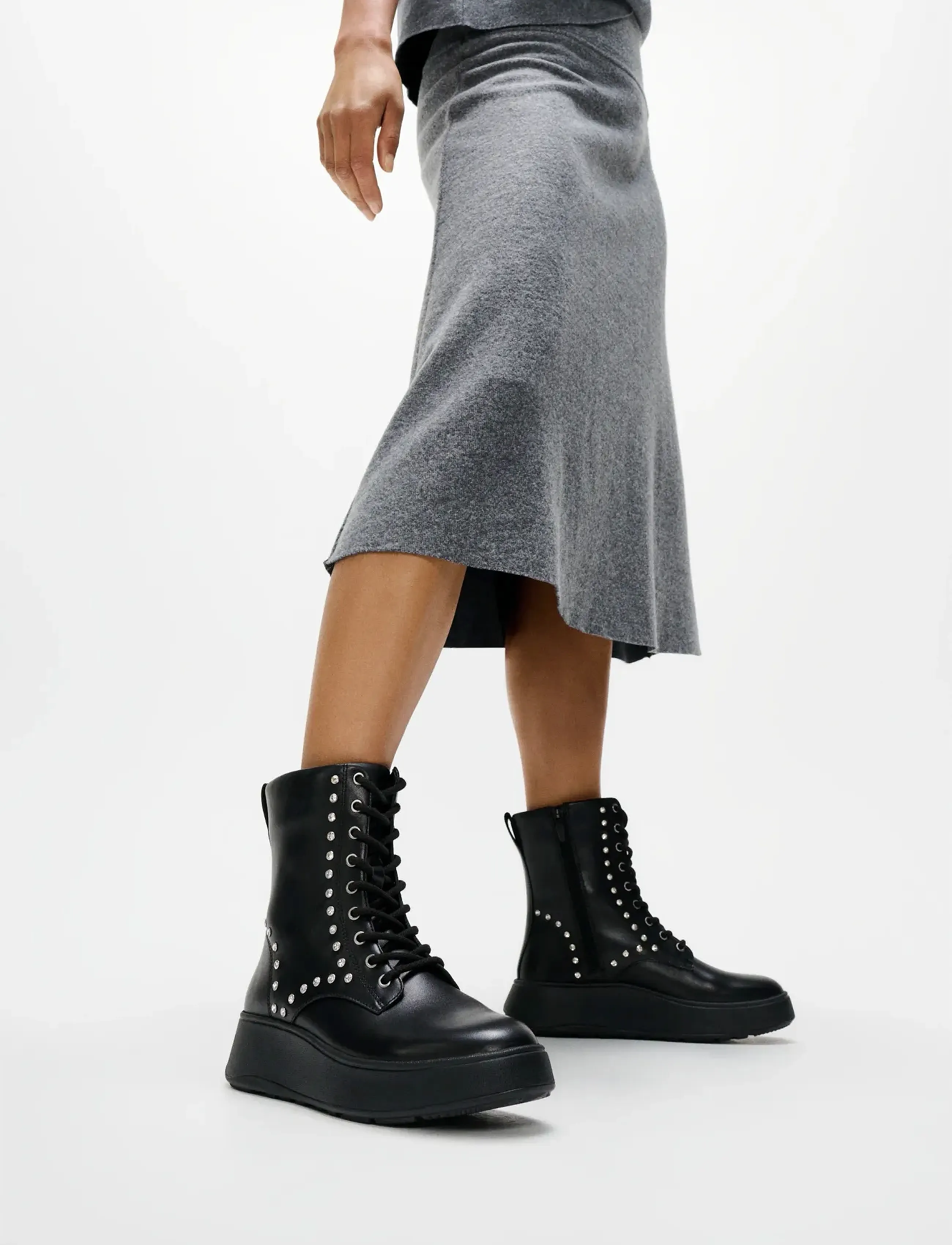 FitFlop F-Mode Gem-Trim Leather Lace-Up Ankle Boots, Kvinder, Nittebesatte Snørestøvler, Sort, Str: EU42