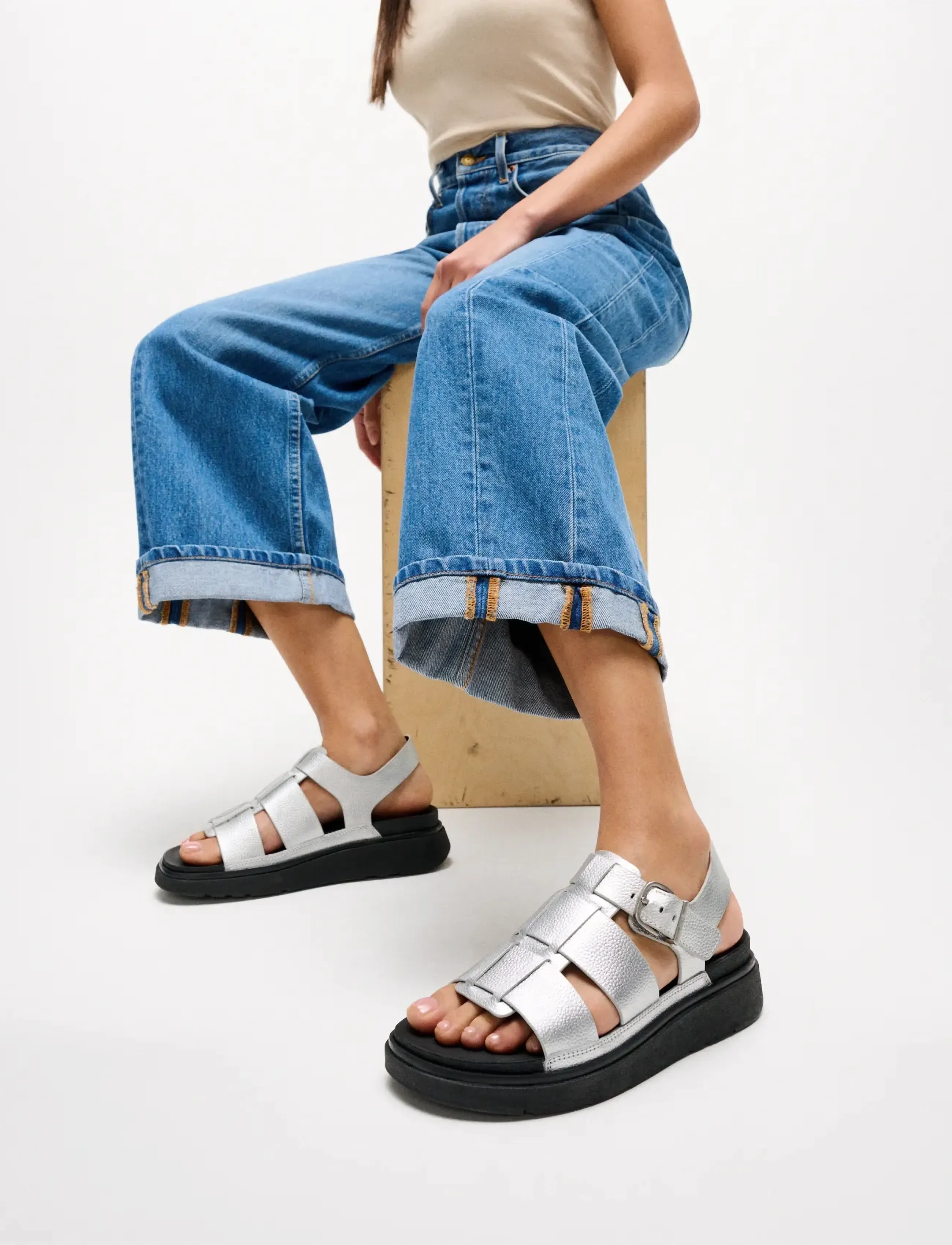 FitFlop Gen-Ff Tumbled-Leather Fisherman Sandals, 37, Silber - Platform Frauen
