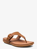 GRACIE RUBBER-BUCKLE LEATHER TOE-POST SANDALS - LIGHT TAN