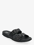 GRACIE RUBBER-BUCKLE TWO-BAR LEATHER SLIDES - ALL BLACK