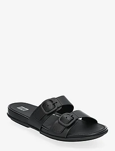 GRACIE RUBBER-BUCKLE TWO-BAR LEATHER SLIDES, FitFlop
