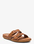 GRACIE RUBBER-BUCKLE TWO-BAR LEATHER SLIDES - LIGHT TAN