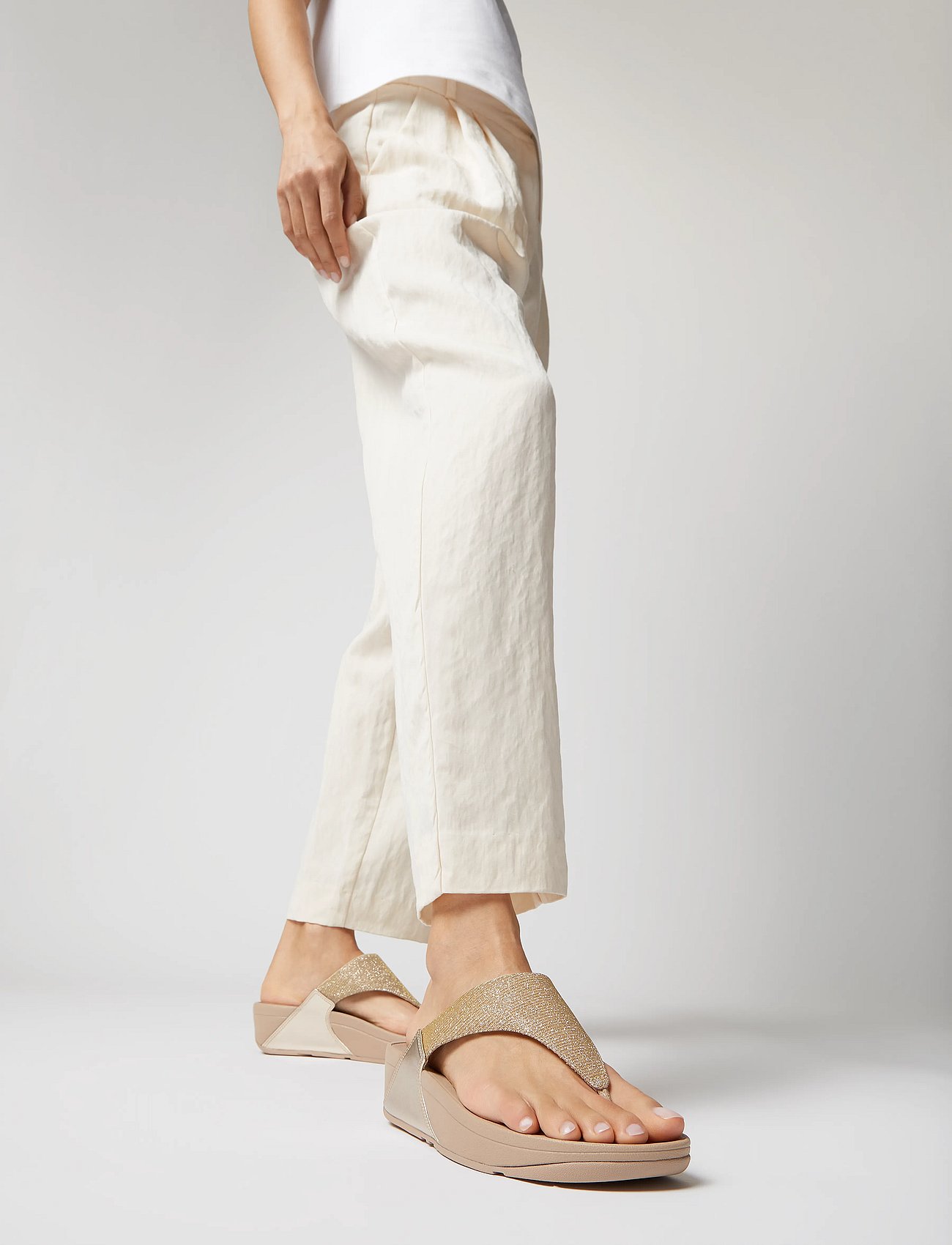 LULU SHIMMERLUX TOE-POST SANDALS - LATTE