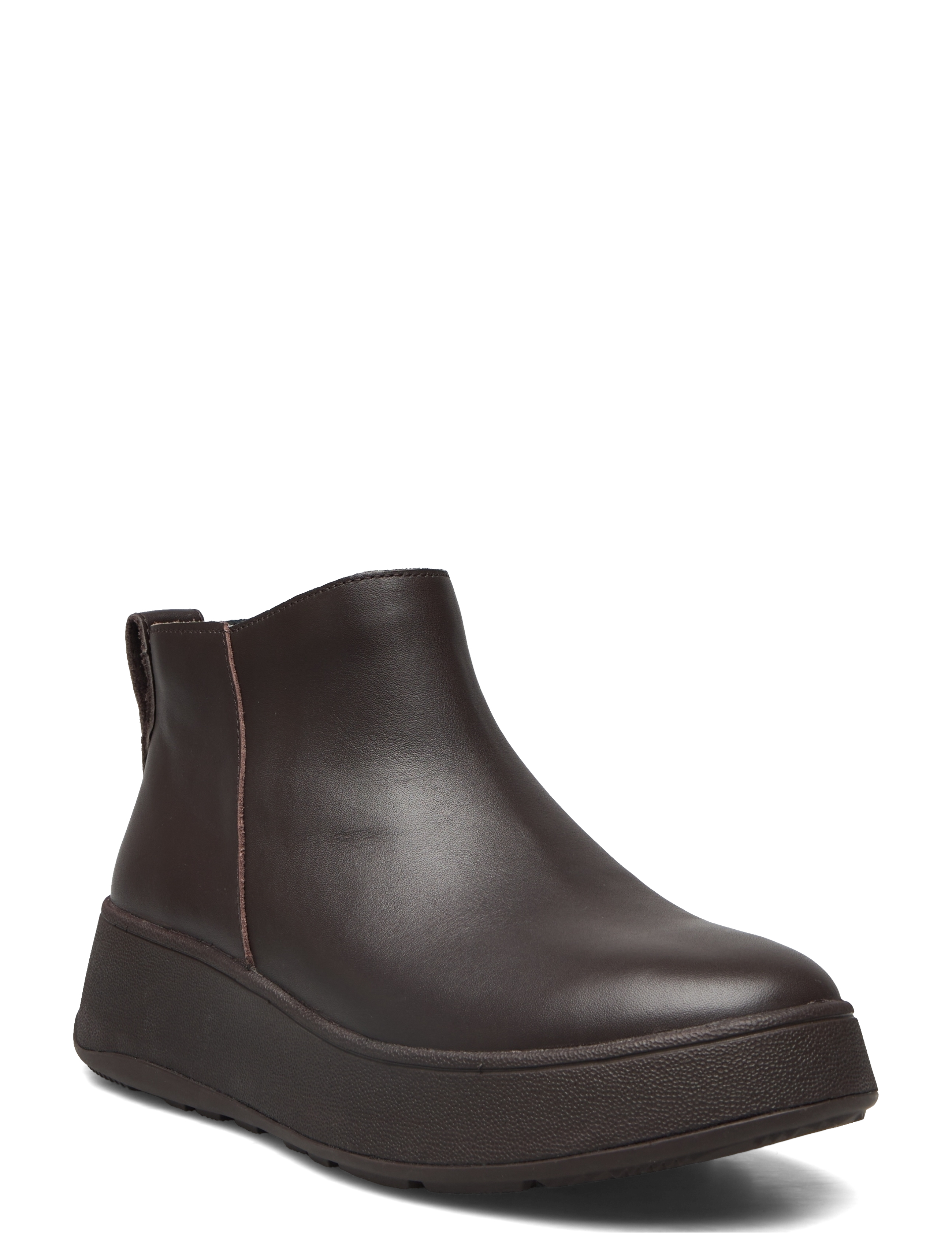 F-MODE LEATHER FLATFORM ZIP ANKLE BOOTS - CHOCOLATE BROWN