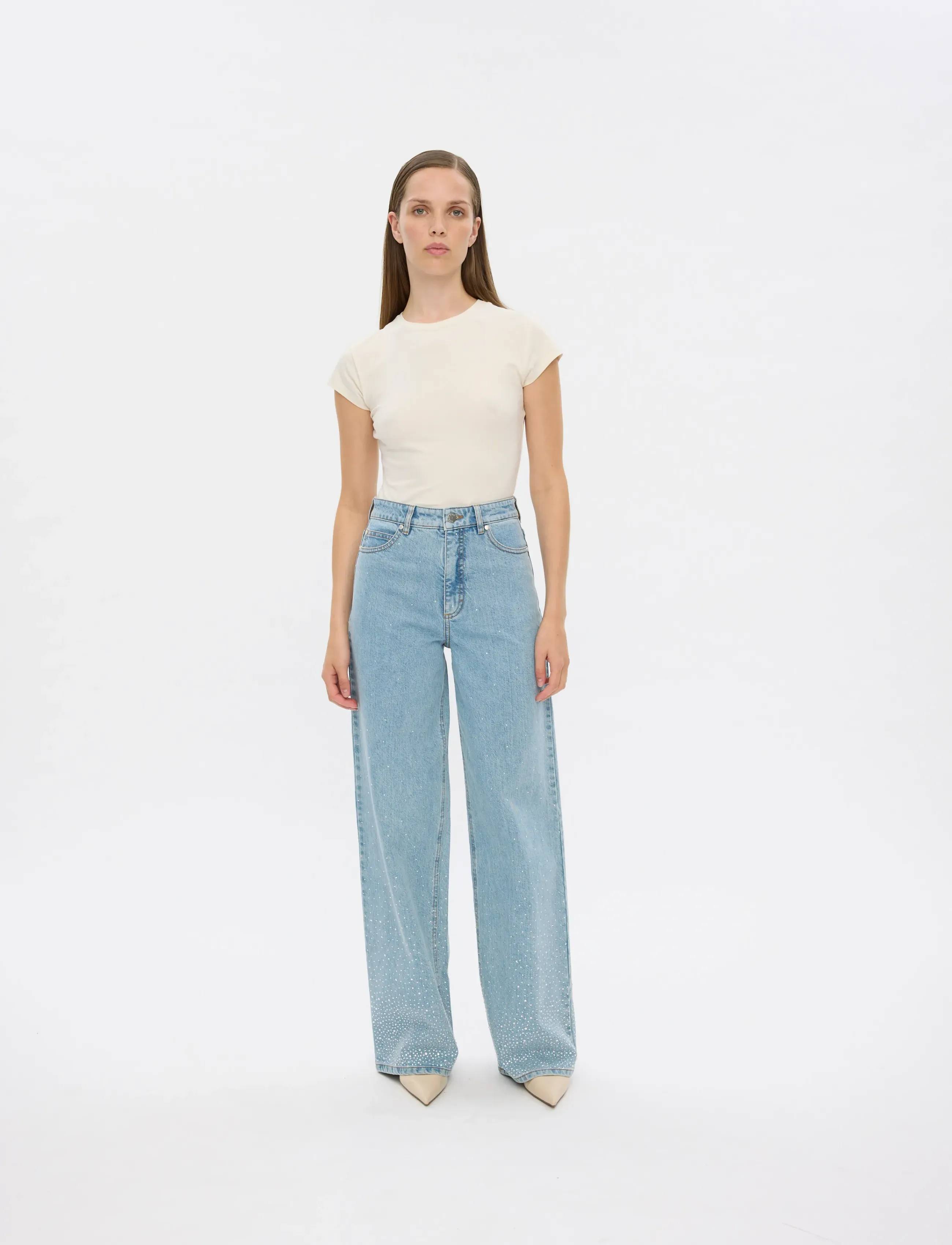 FIVEUNITS Abbyfv, Højtaljede Vide Ben Pyntede Jeans, Blå, Str: 28