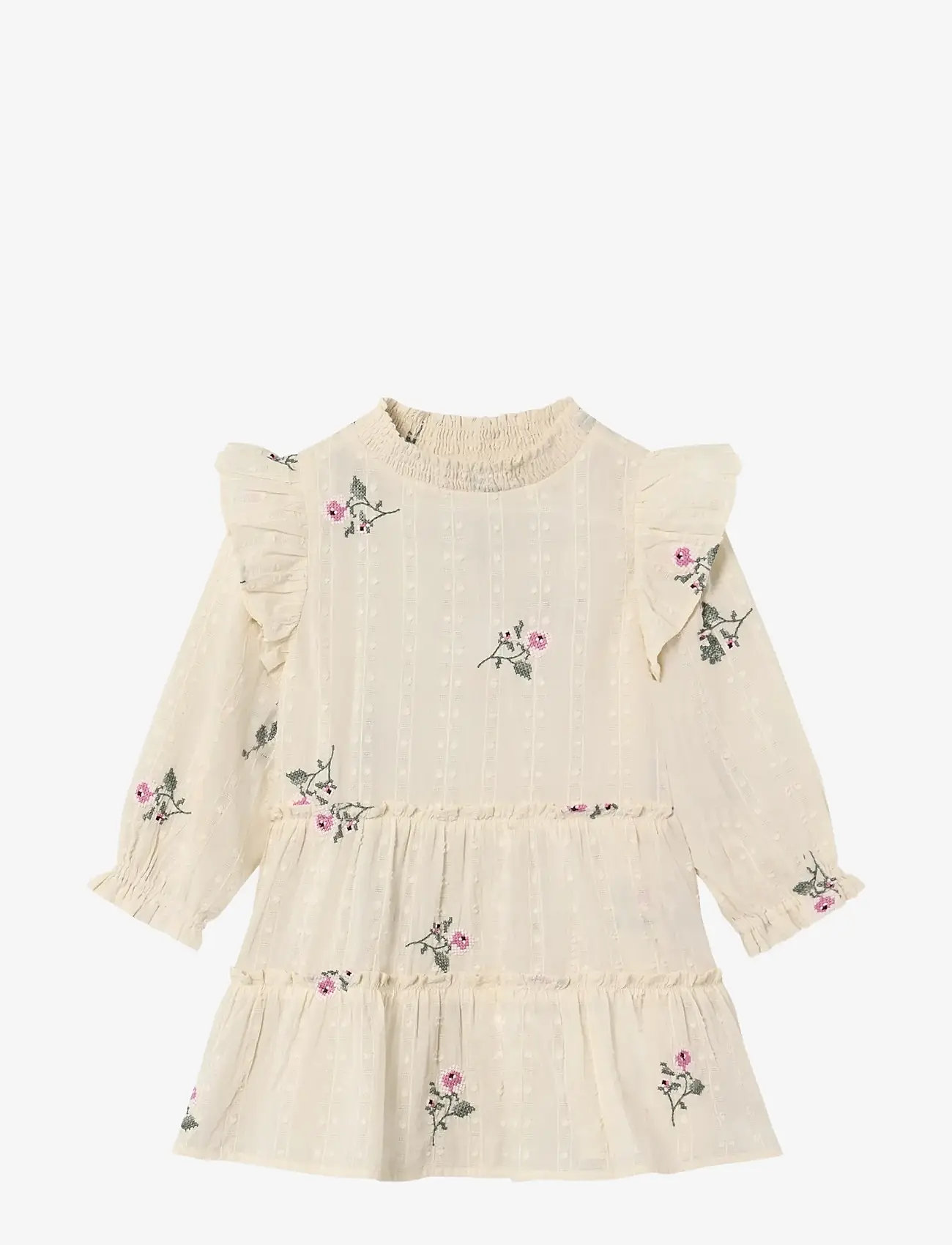 Fliink - DOBBY LS ROSE EMBR DRESS - långärmade vardagsklänningar - cream - 0