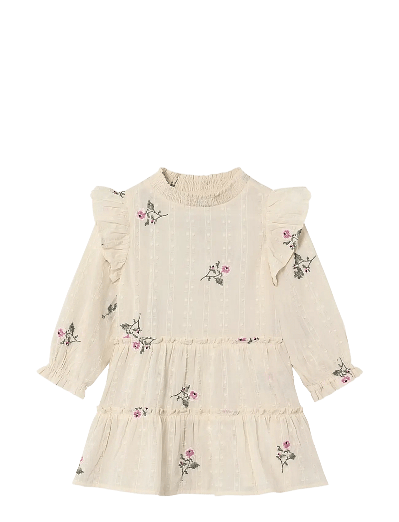 Fliink - DOBBY LS ROSE EMBR DRESS - långärmade vardagsklänningar - cream - 0