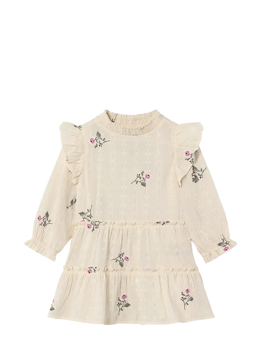 Fliink - DOBBY LS ROSE EMBR DRESS - langärmelige babykleider - cream - 0