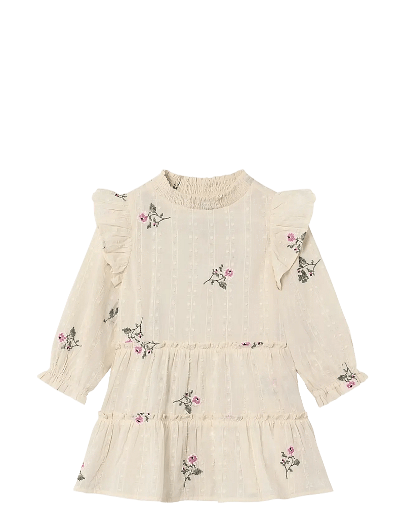 Fliink - DOBBY LS ROSE EMBR DRESS - långärmade vardagsklänningar - cream - 1