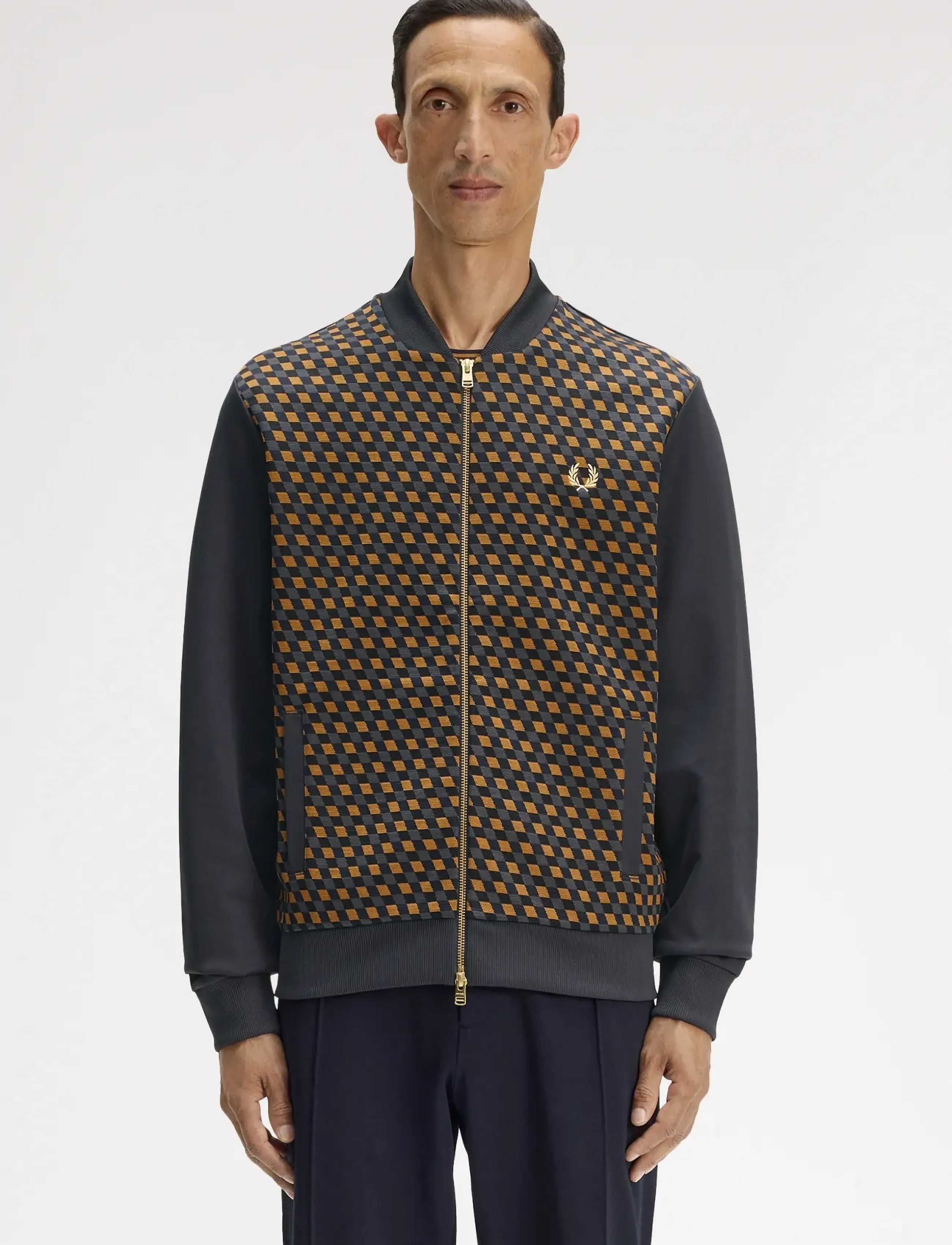 Fred Perry Geometric Track Jacket, Mænd, Geometrisk Træningsjakke, Grå, Str: XL
