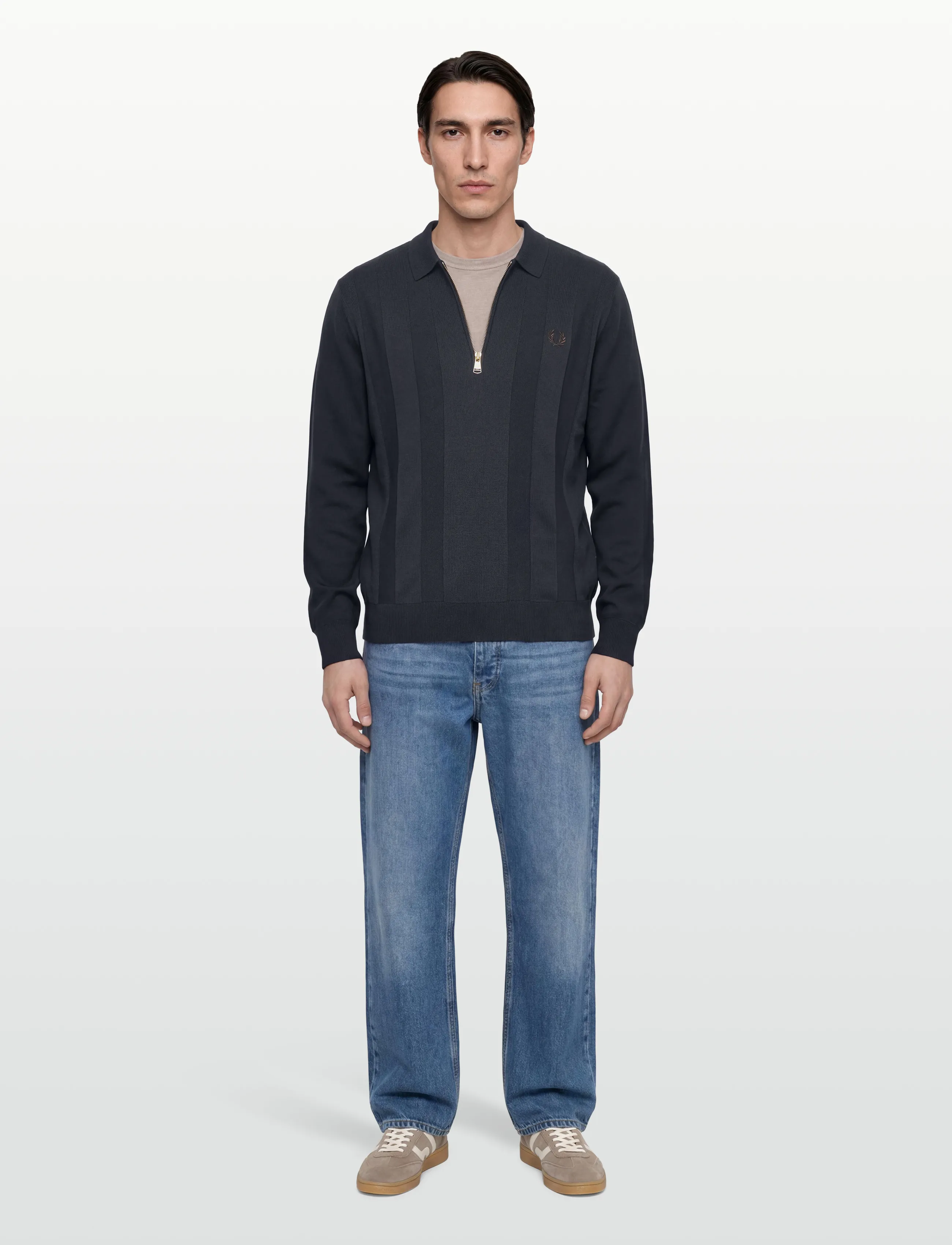 Fred Perry Tonal Stripe Knitted Shirt, S, Knitwear, Marineblau - Long Sleeve Polos, Männerswear