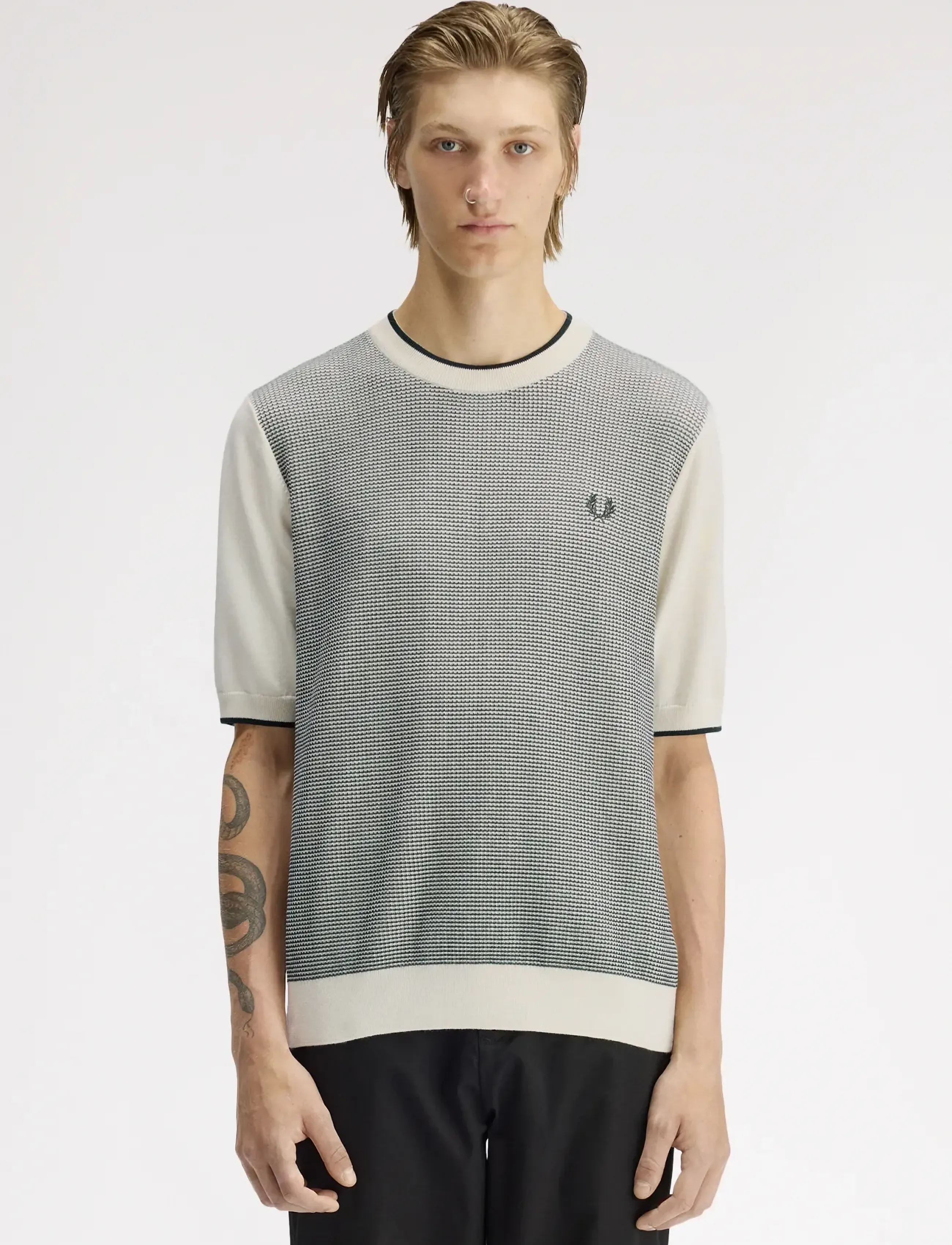 Fred Perry Tonic Waffle Knitted T-Shirt, Mænd, Vaffelstrikket T-Shirt, Cream, Str: M