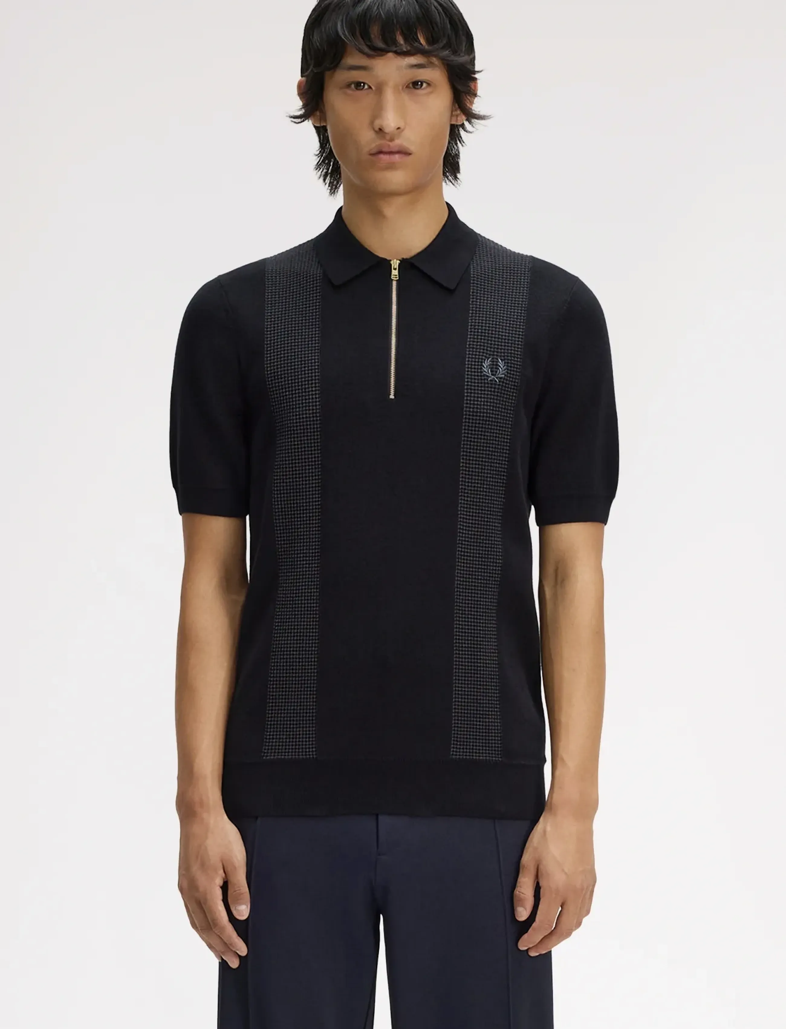 Fred Perry Panel Detail Knitted Shirt, Mænd, Strikket Lynlås Polo Shirt, Sort, Str: M