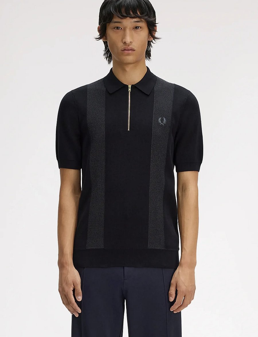 Fred Perry - PANEL DETAIL KNITTED SHIRT - kurzärmelig - black - 0