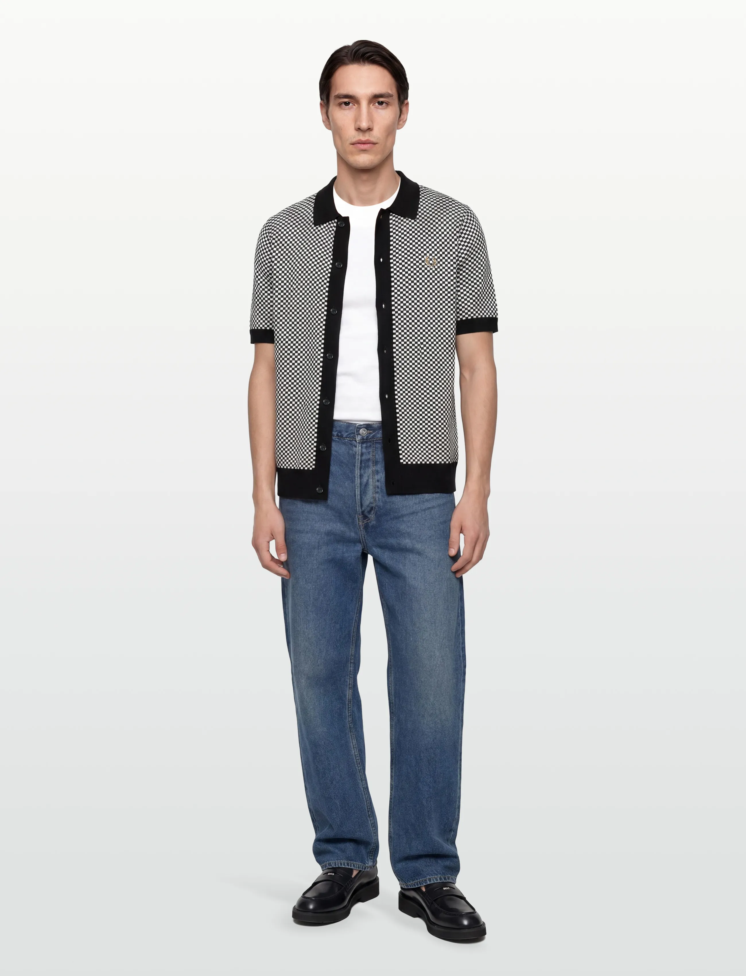 Fred Perry Chequerboard Button Shirt, XL, Black, Skjorter > Kortærmede Shirts, Herre