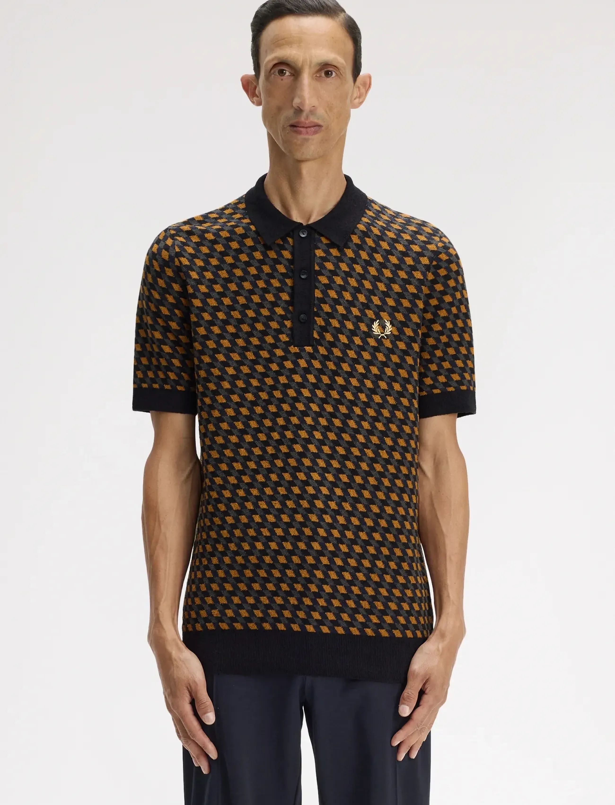 Fred Perry GEOMETRIC KNITTED SHIRT - Midsommar - DARK CARAMEL / brown