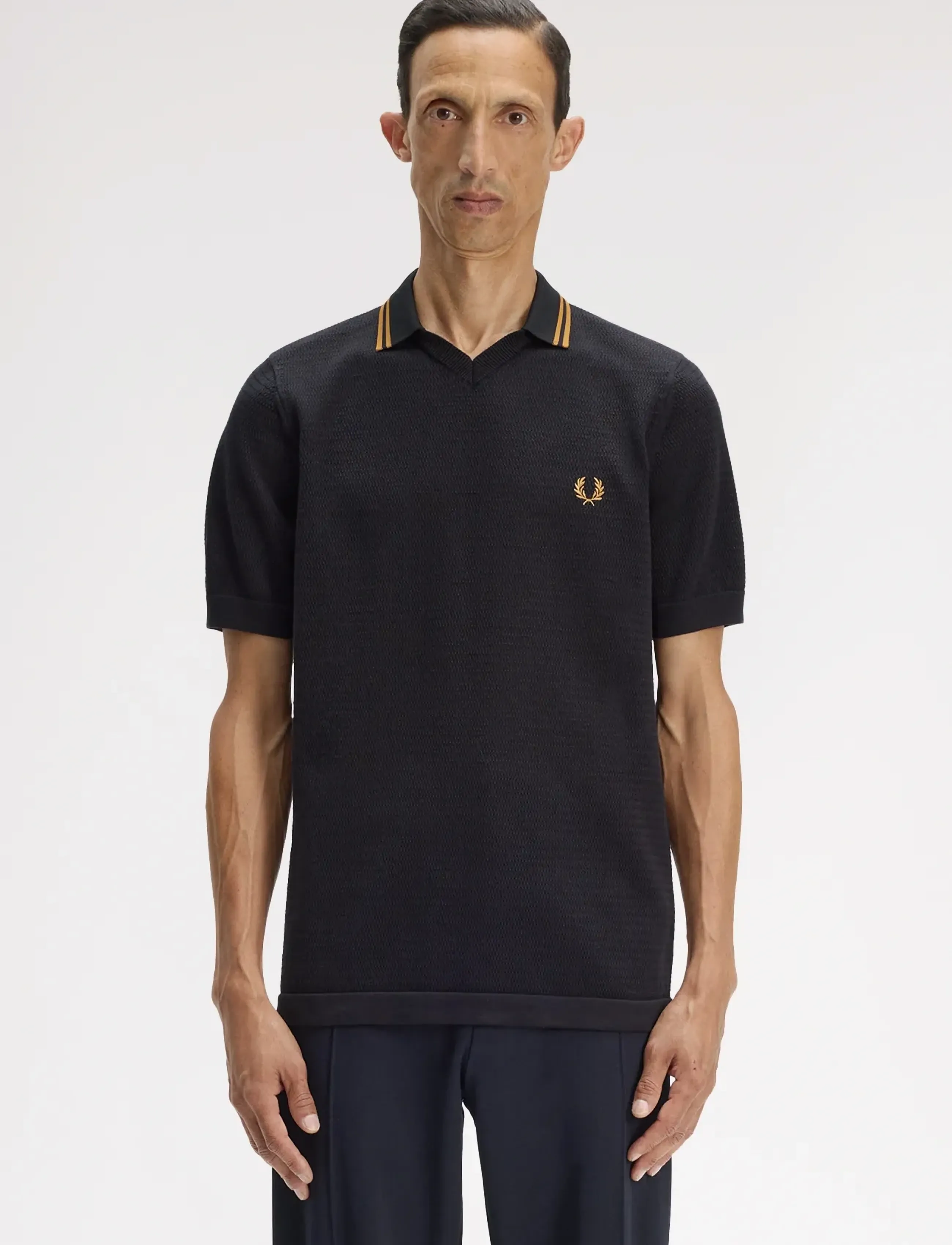 Fred Perry Pointelle Knitted Shirt, Mænd, Pointelle Strikket Poloshirt, Sort, Str: M