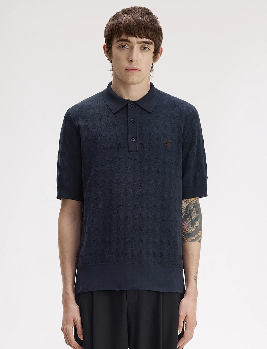 Fred Perry - POINTELLE KNITTED SHIRT - langärmlige strick-polohemden - navy - 0