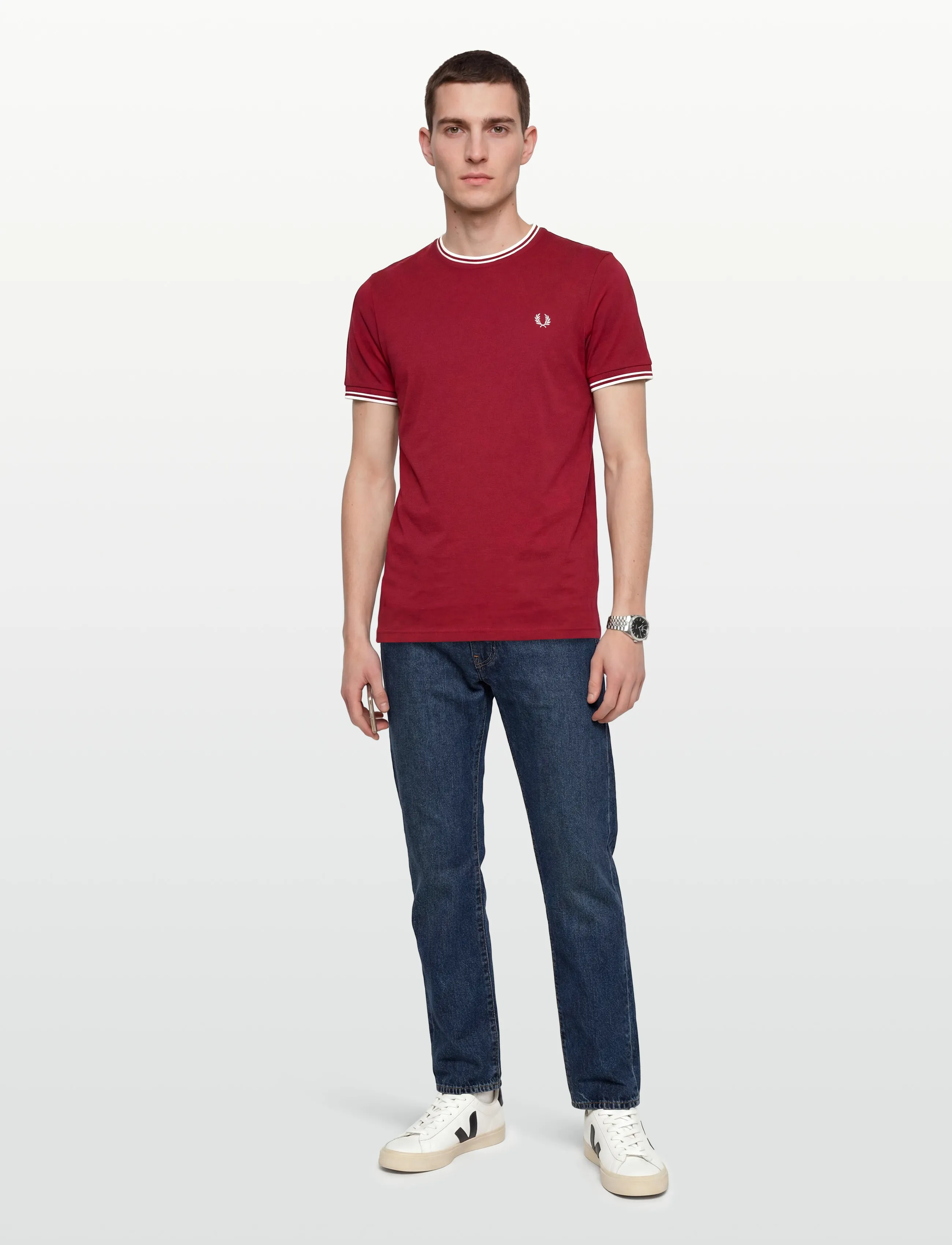 Fred Perry Twin Tipped T-Shirt, S, T-shirts, Burgunderrot - Short-sleeved, Männerswear