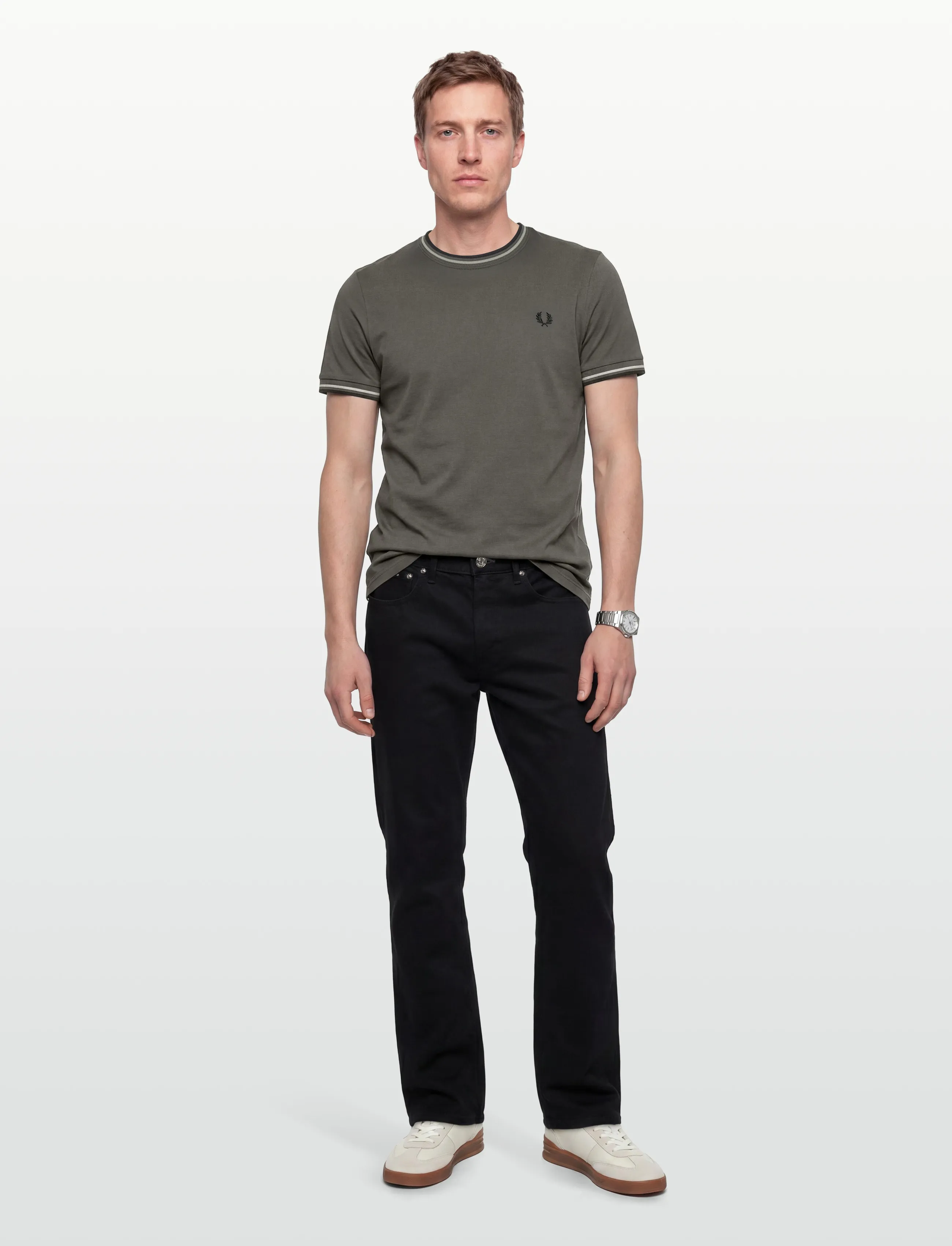 Fred Perry Twin Tipped T-Shirt, S, T-shirts, Khakigrün - Short-sleeved, Männerswear