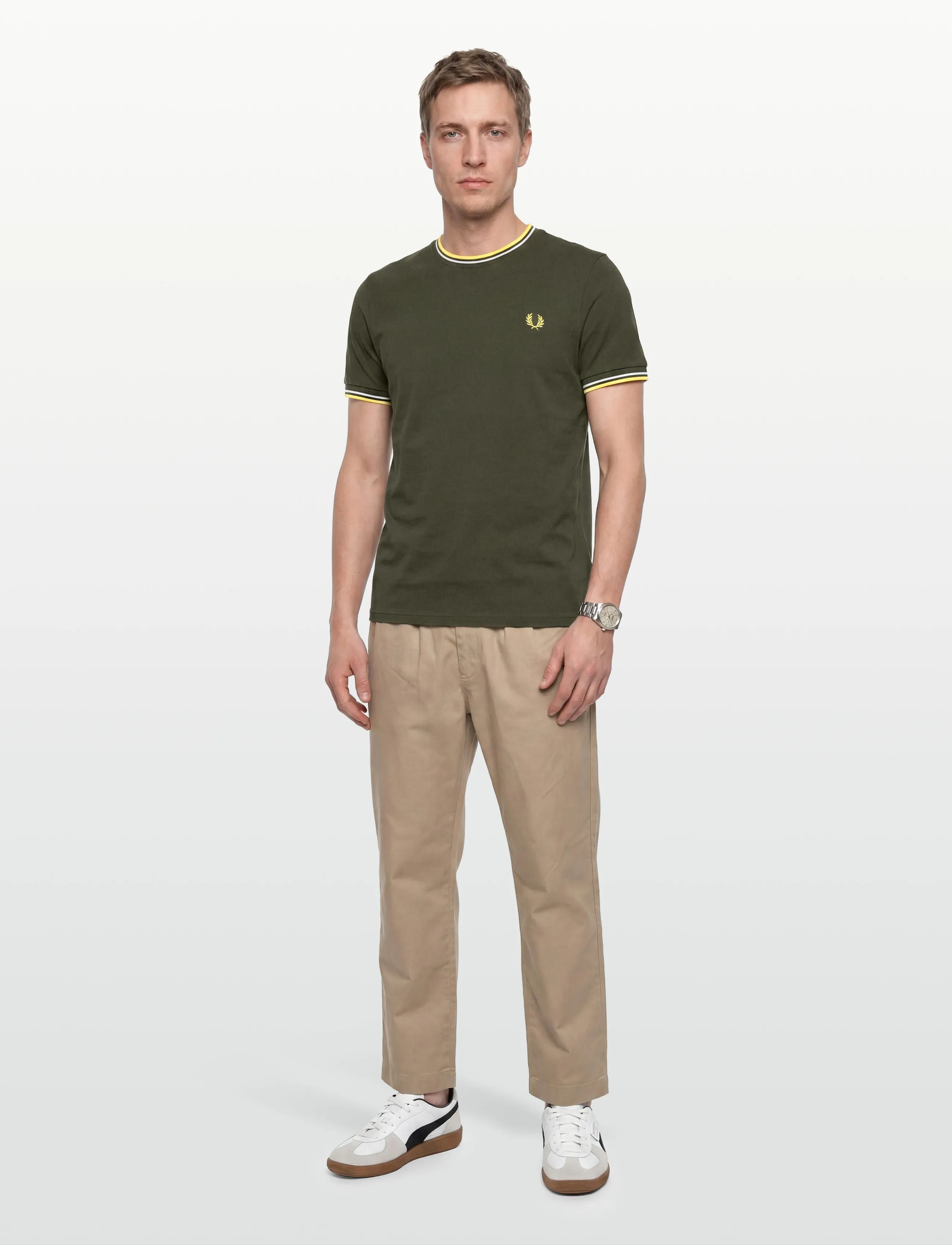 Fred Perry Twin Tipped T-Shirt, M, T-shirts, Khakigrün - Short-sleeved, Männerswear