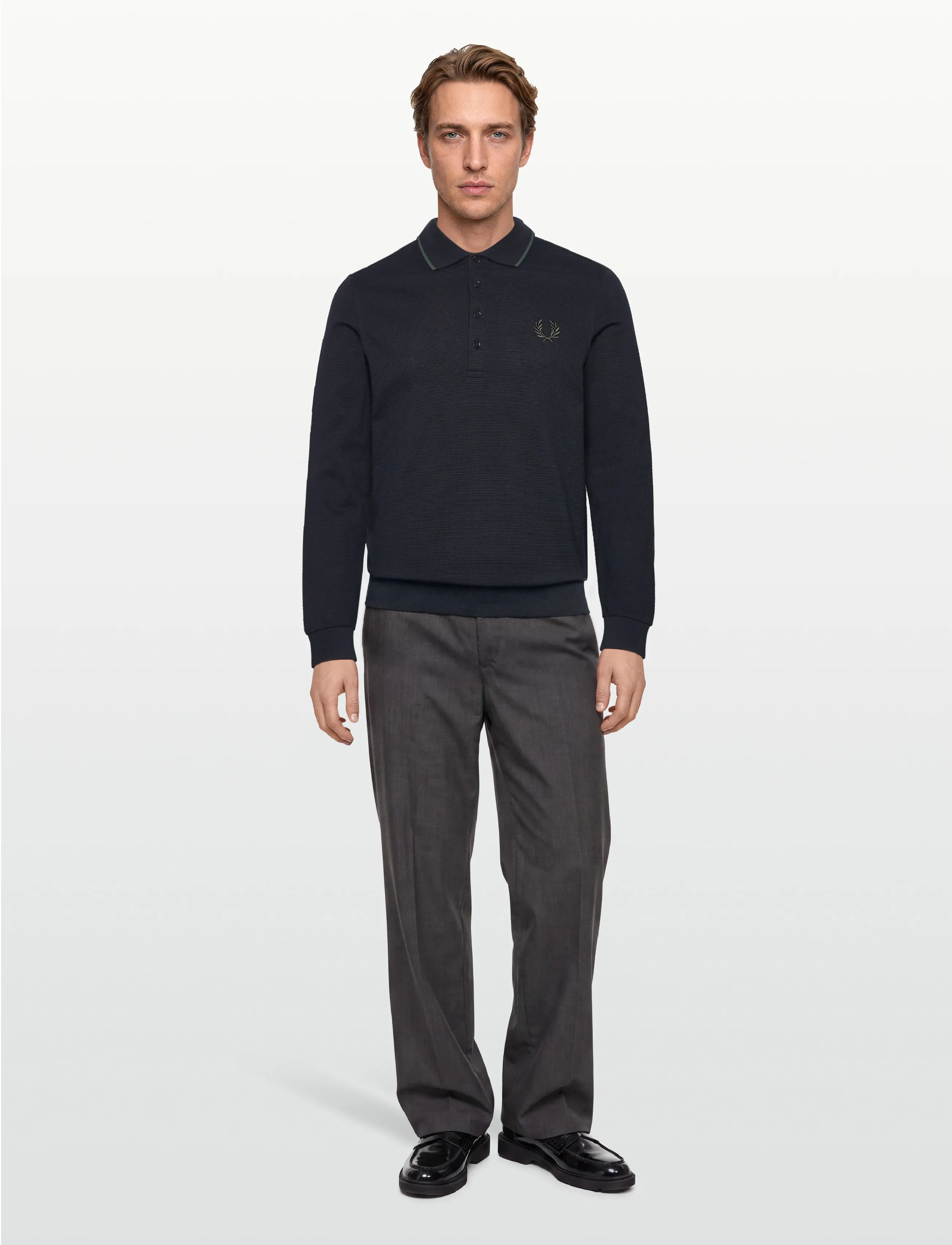 Fred Perry Textured Ls Polo, S, Polos, Marineblau - Long-sleeved, Männerswear