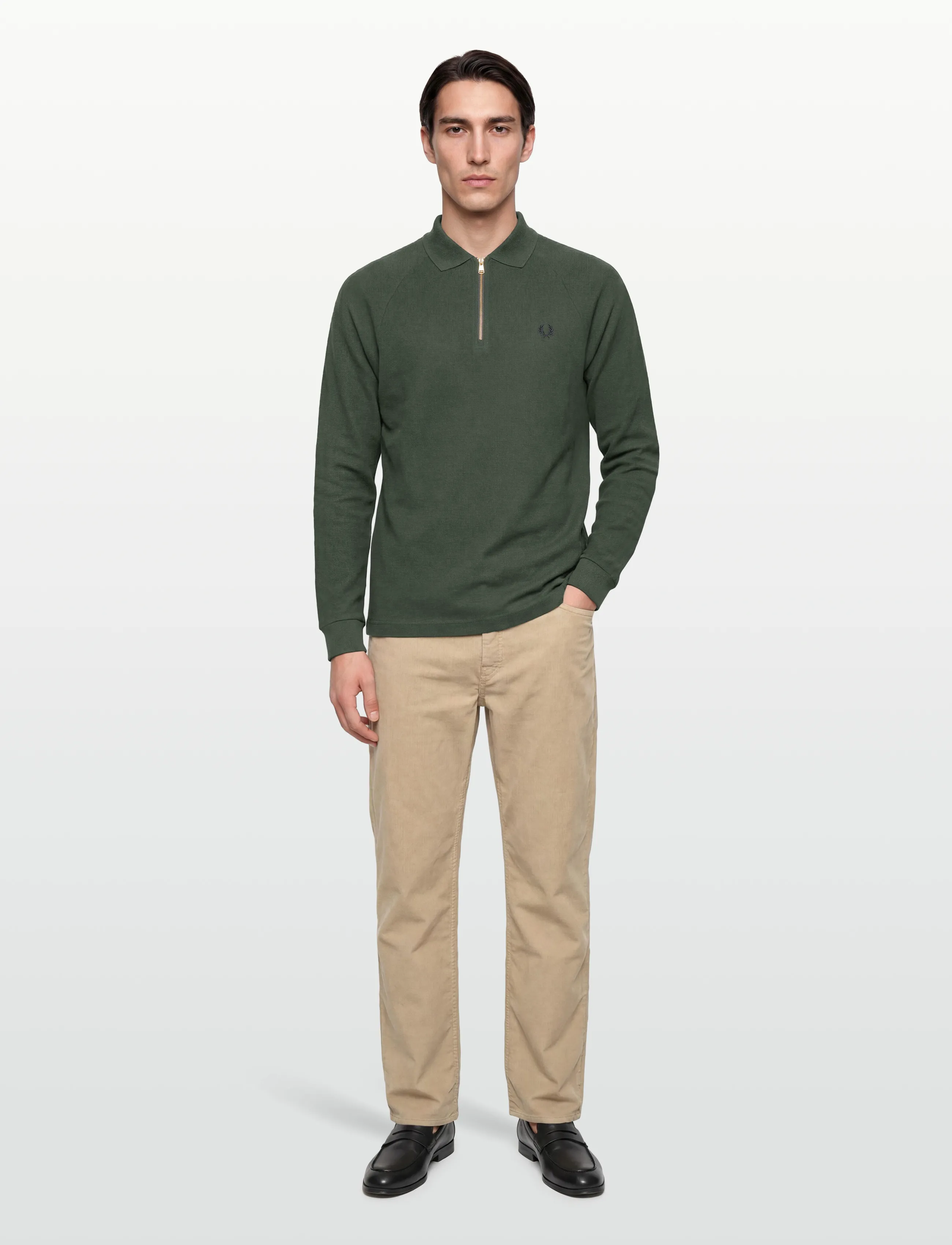 Fred Perry Dash Taped Z/N Polo Shirt, Mænd, Langærmet Lynlås Polo Shirt, Grøn, Str: XL