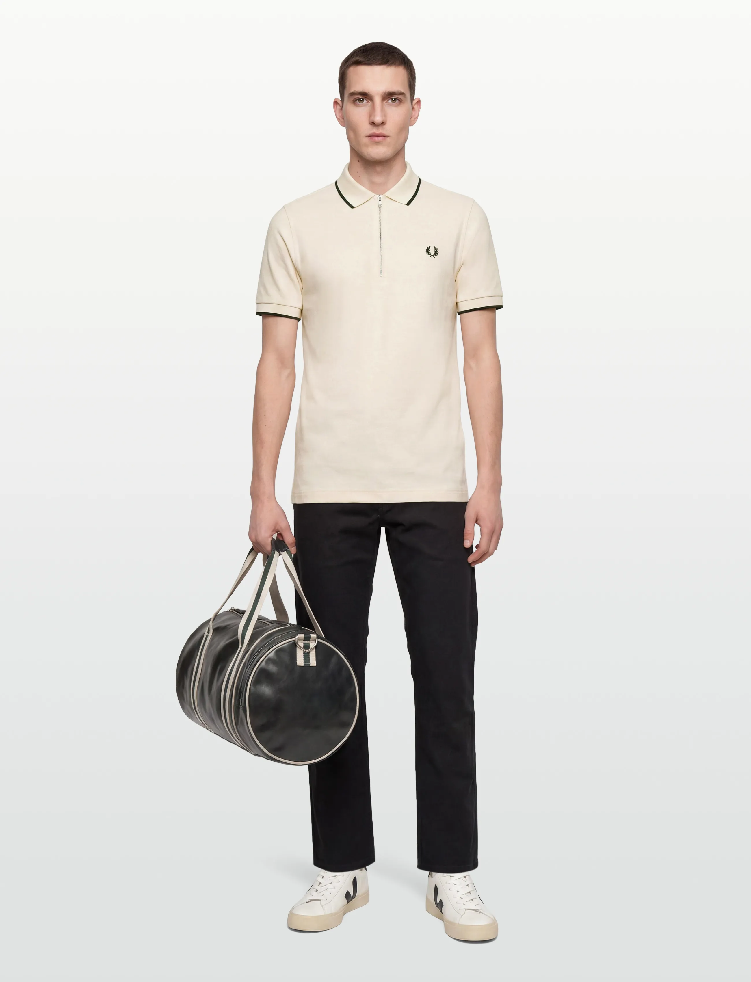 Fred Perry Crepe Pique Polo Shirt, Mænd, Lynlås Polo Shirt, Cream, Str: L