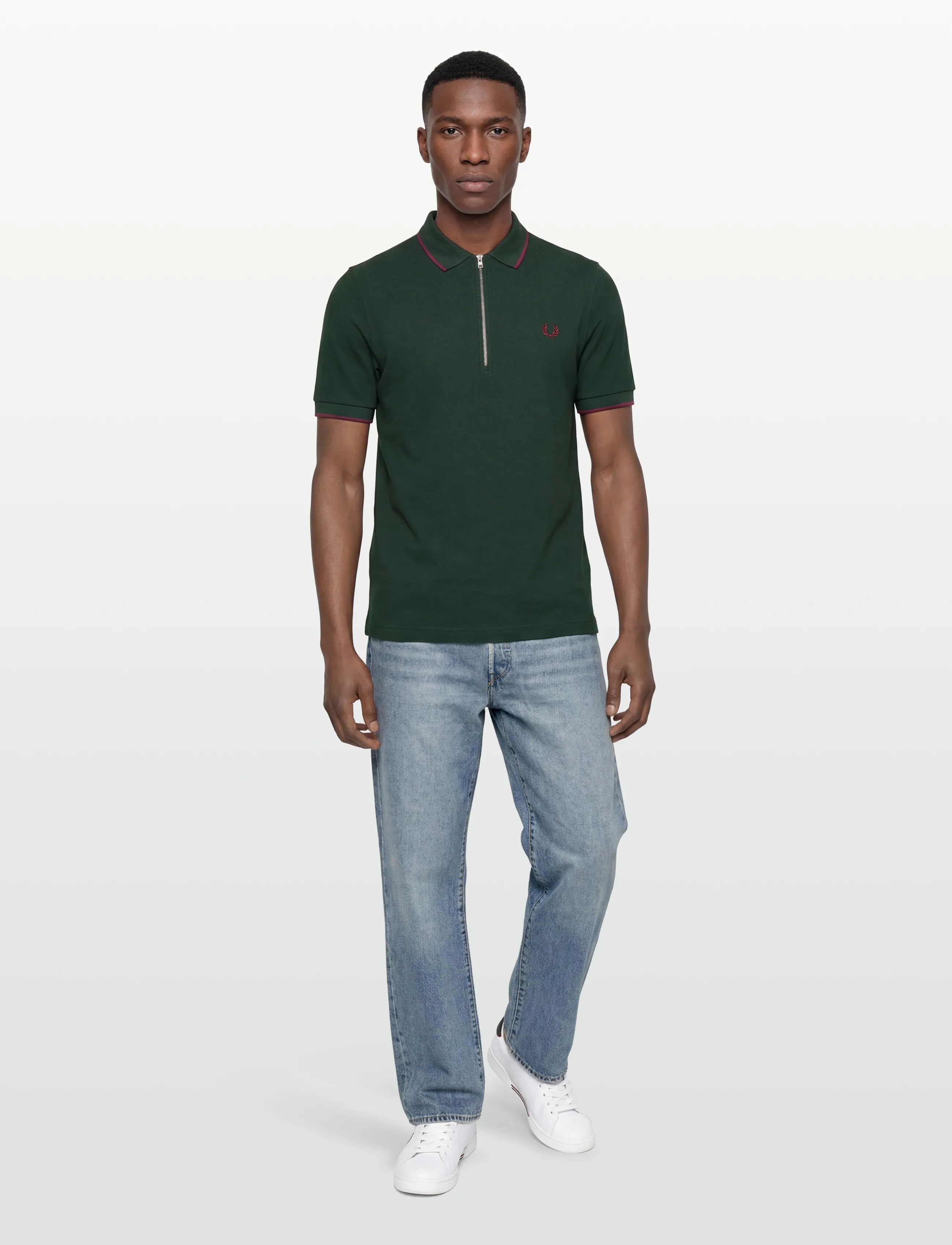 Fred Perry Crepe Pique Polo Shirt, Mænd, Lynlås Polo Shirt, Grøn, Str: XL