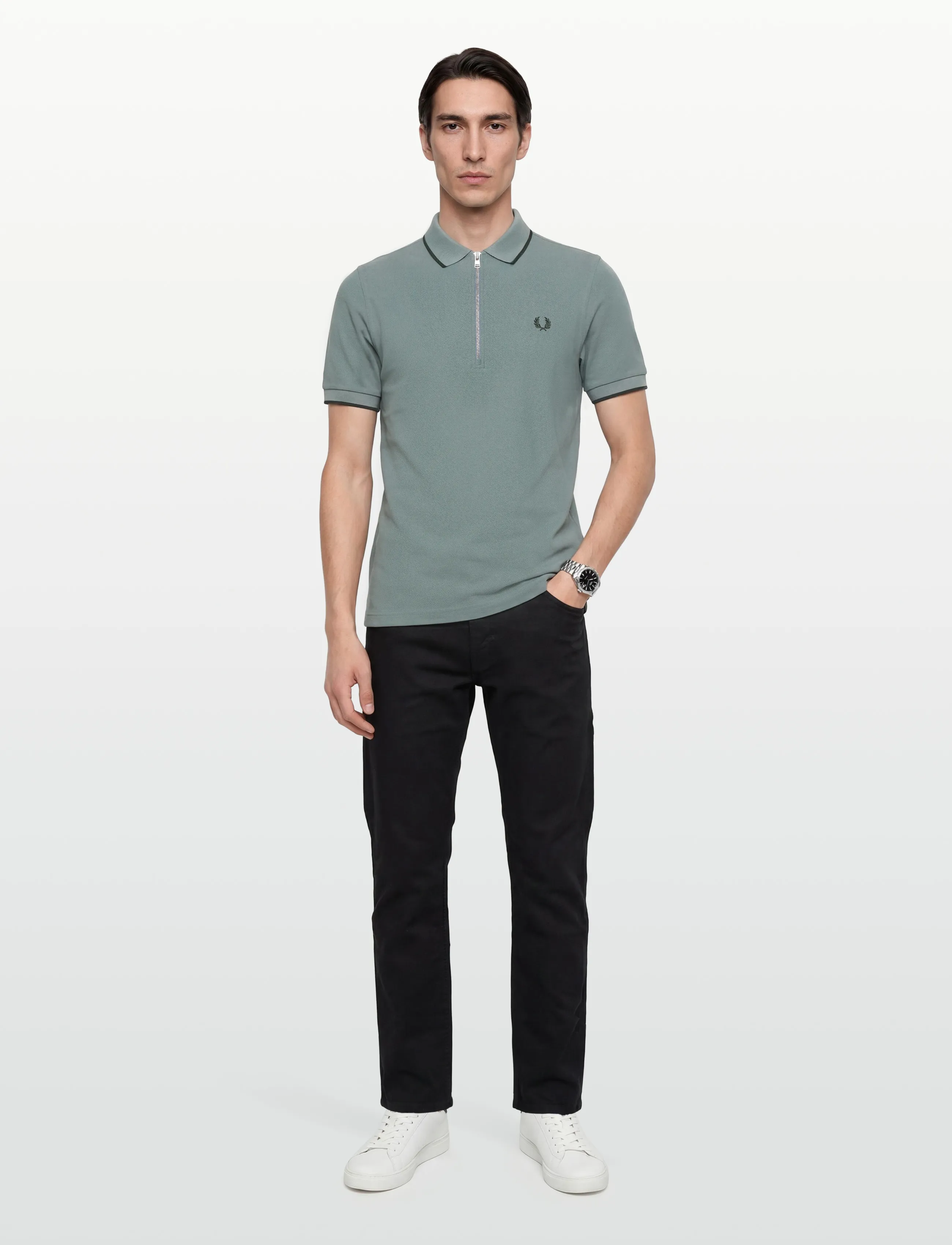 Fred Perry Crepe Pique Polo Shirt, Mænd, Lynlås Polo Shirt, Blå, Str: L