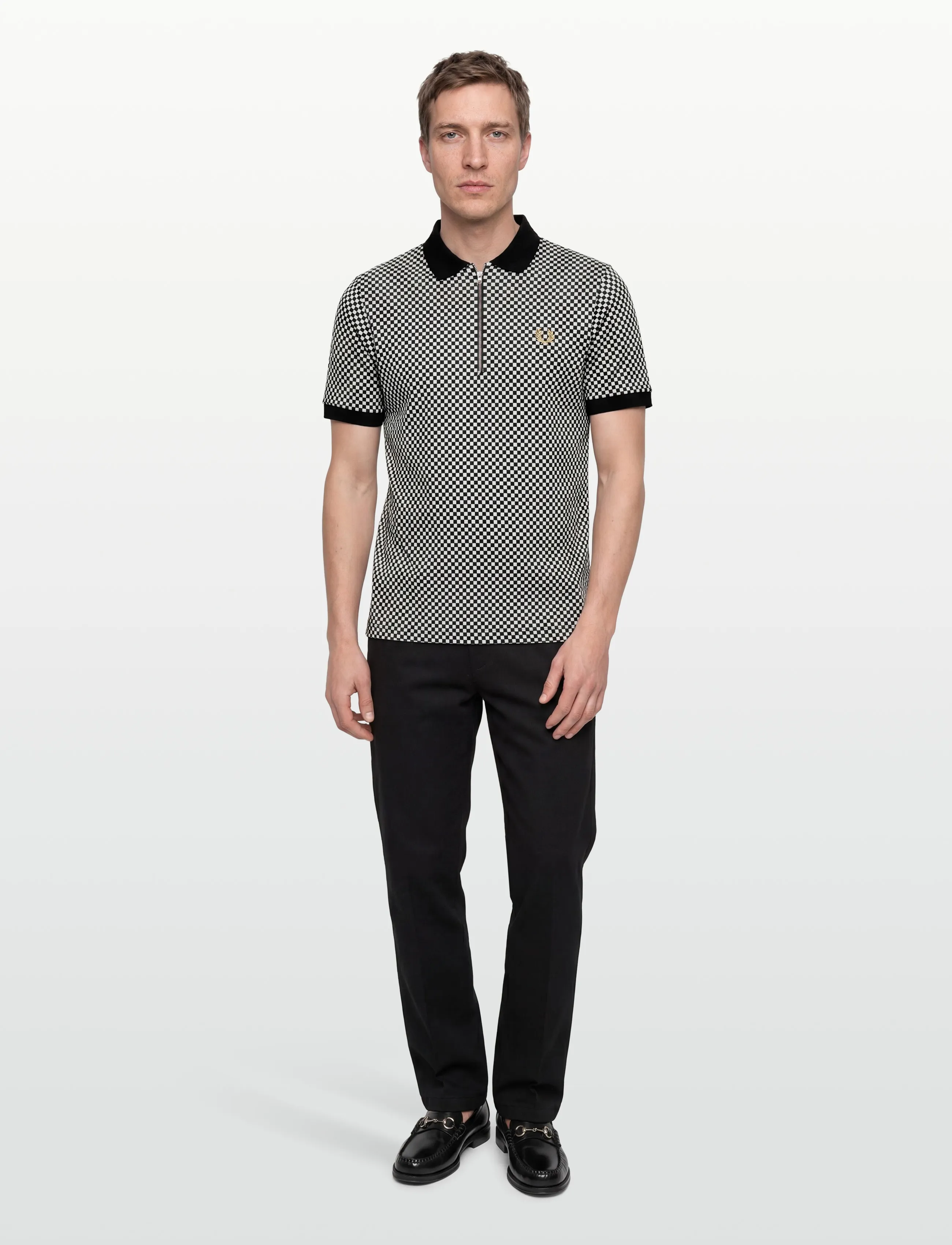 Fred Perry Chequerboard Polo Shirt, Mænd, Skakternet Lynlås Poloshirt, Sort, Str: L