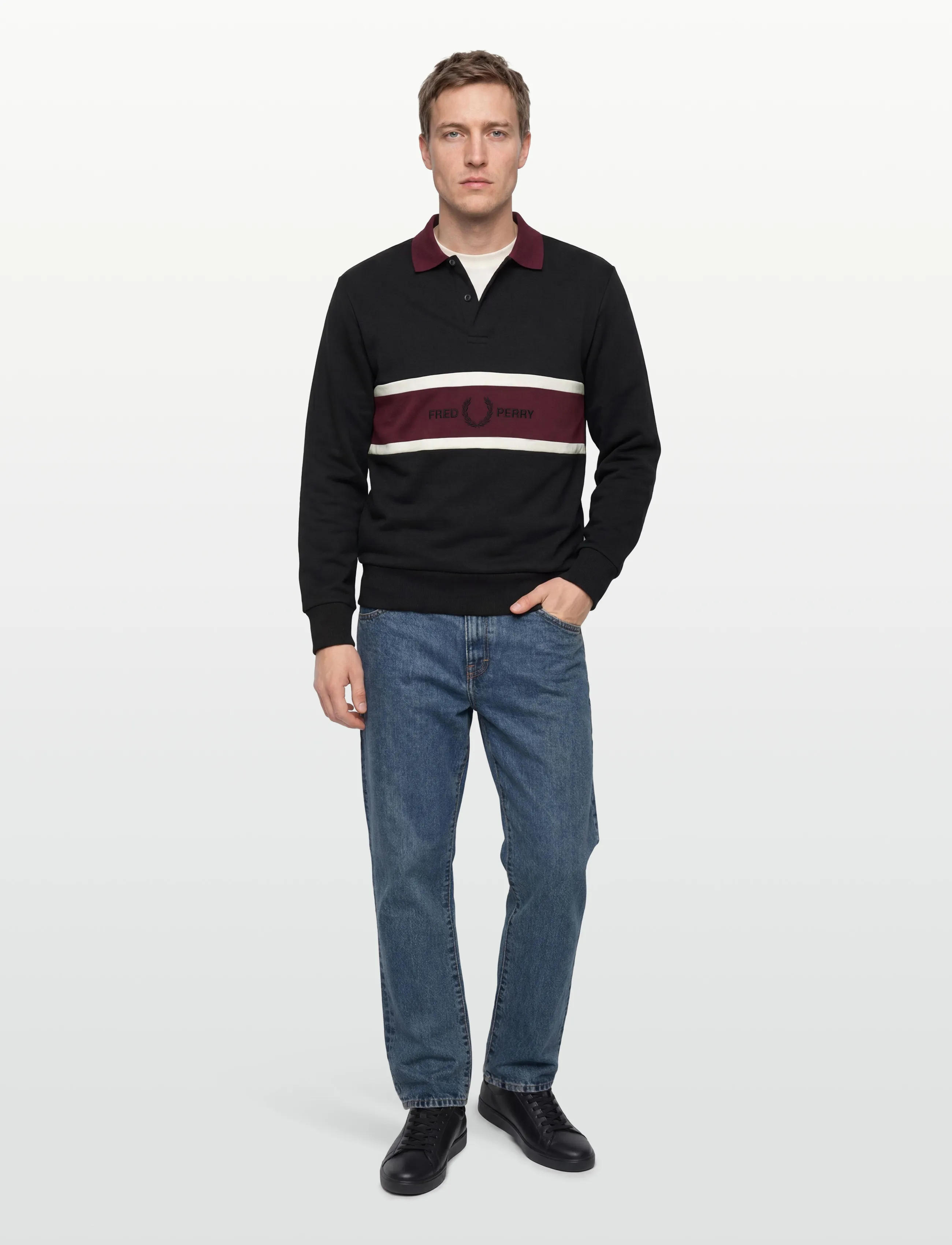 Fred Perry Embroidered Panel Collared, M, Black, Poloer > Langærmede, Herre